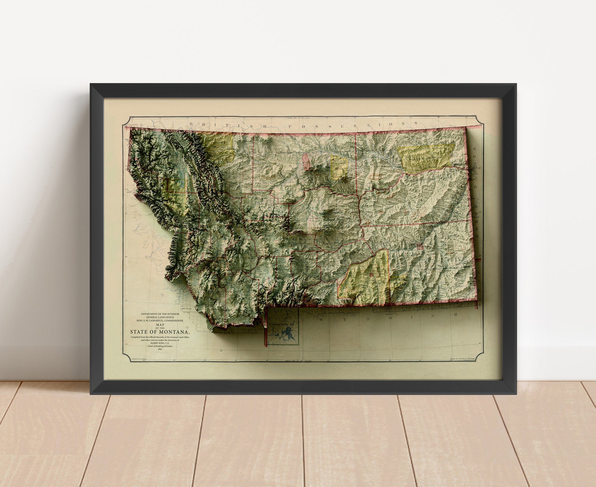 Vintage Montana shaded relief map in black frame. Artistic print with realistic terrain effect for wall decor