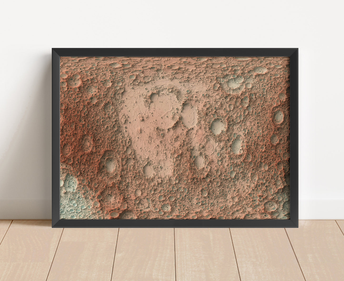 Moon shaded relief map in black frame. Artistic print with realistic terrain effect for wall decor