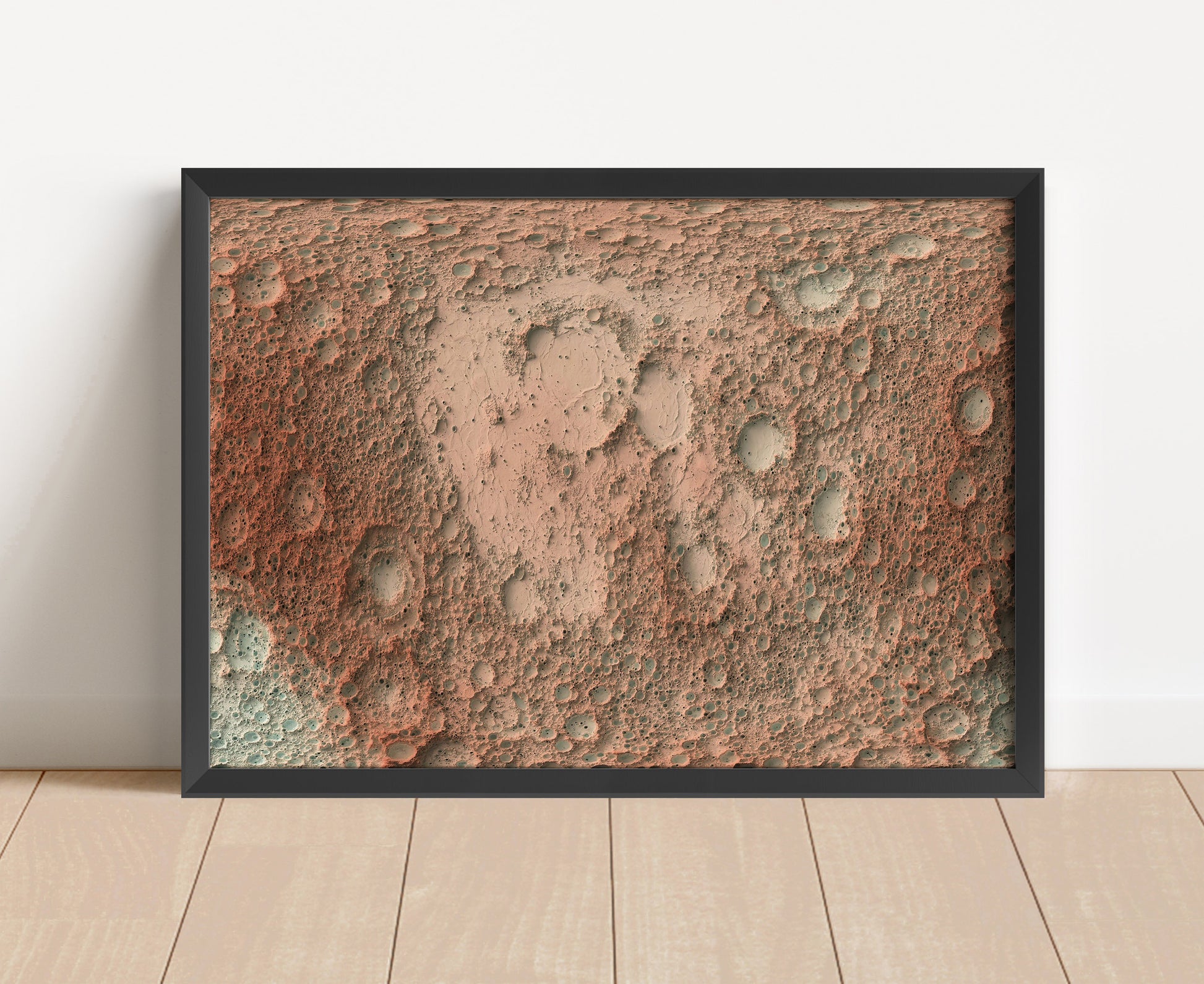 Moon shaded relief map in black frame. Artistic print with realistic terrain effect for wall decor