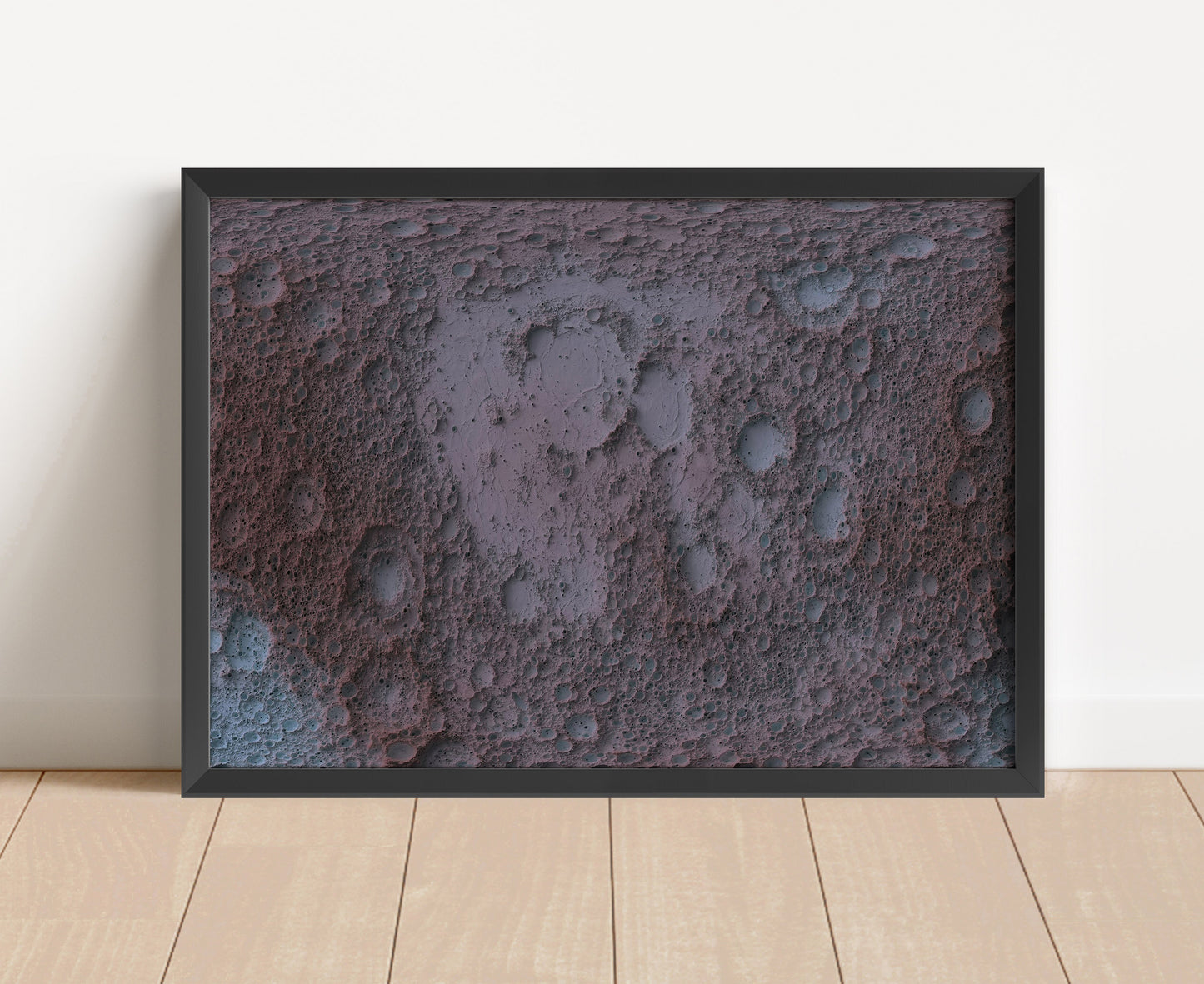 Moon shaded relief map in black frame. Artistic print with realistic terrain effect for wall decor