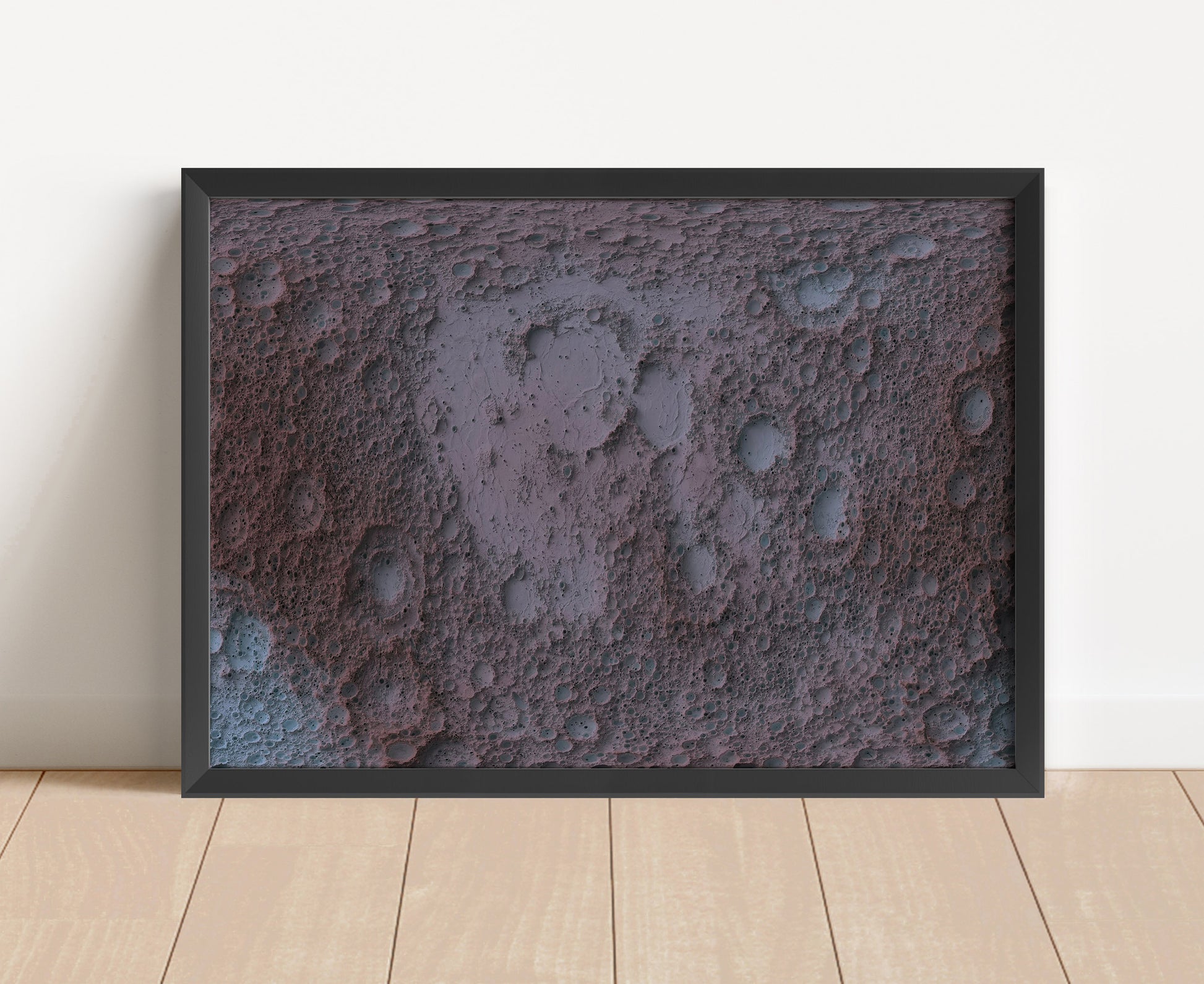 Moon shaded relief map in black frame. Artistic print with realistic terrain effect for wall decor