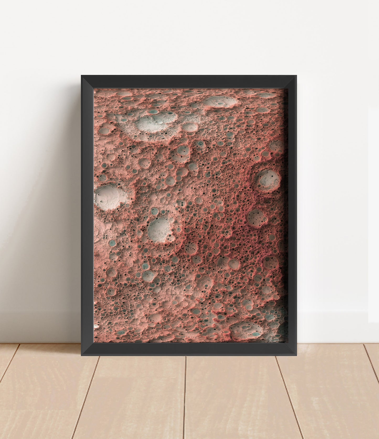 Moon shaded relief map in black frame. Artistic print with realistic terrain effect for wall decor