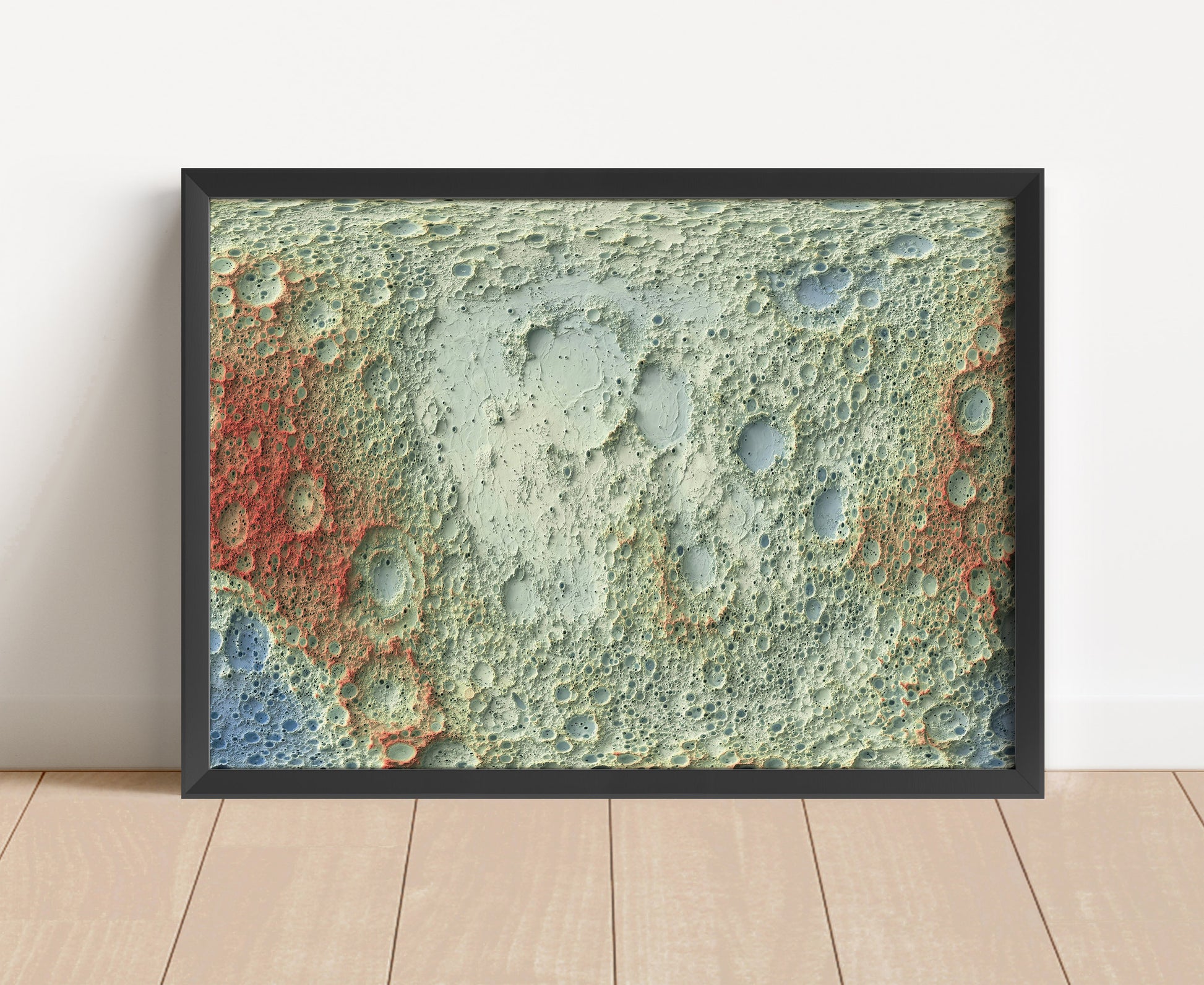 Moon shaded relief map in black frame. Artistic print with realistic terrain effect for wall decor