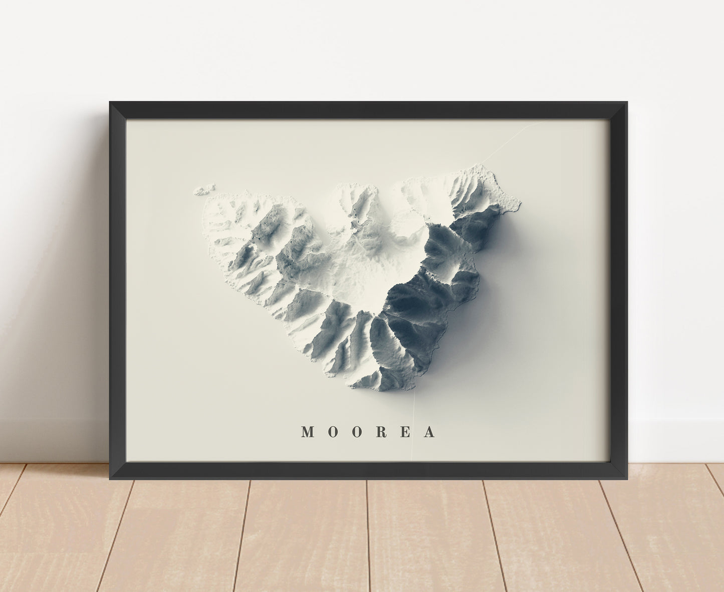 Moorea shaded relief map in black frame. Artistic print with realistic terrain effect for wall decor