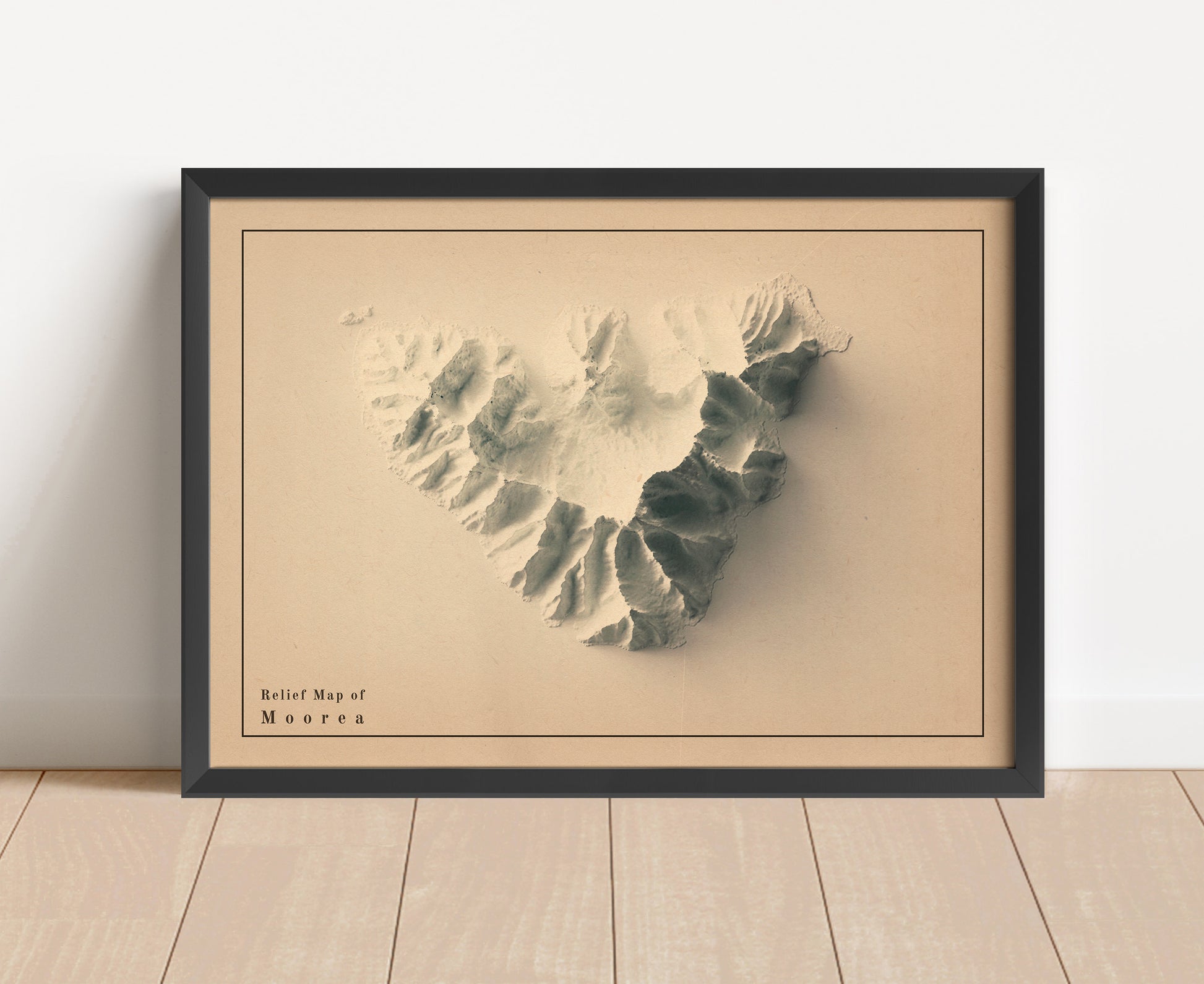 Vintage Moorea shaded relief map in black frame. Artistic print with realistic terrain effect for wall decor