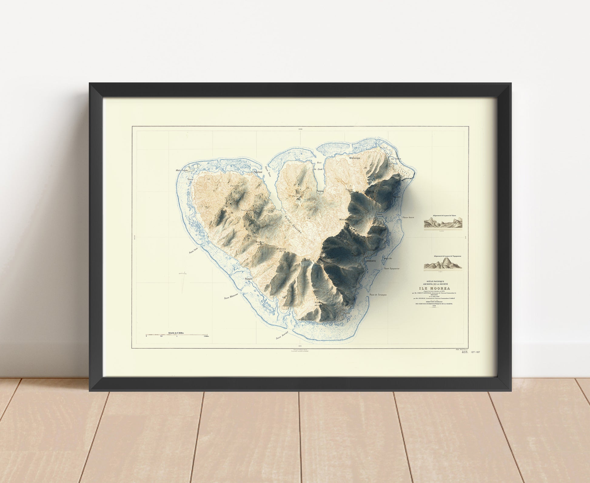 Vintage Moorea shaded relief map in black frame. Artistic print with realistic terrain effect for wall decor