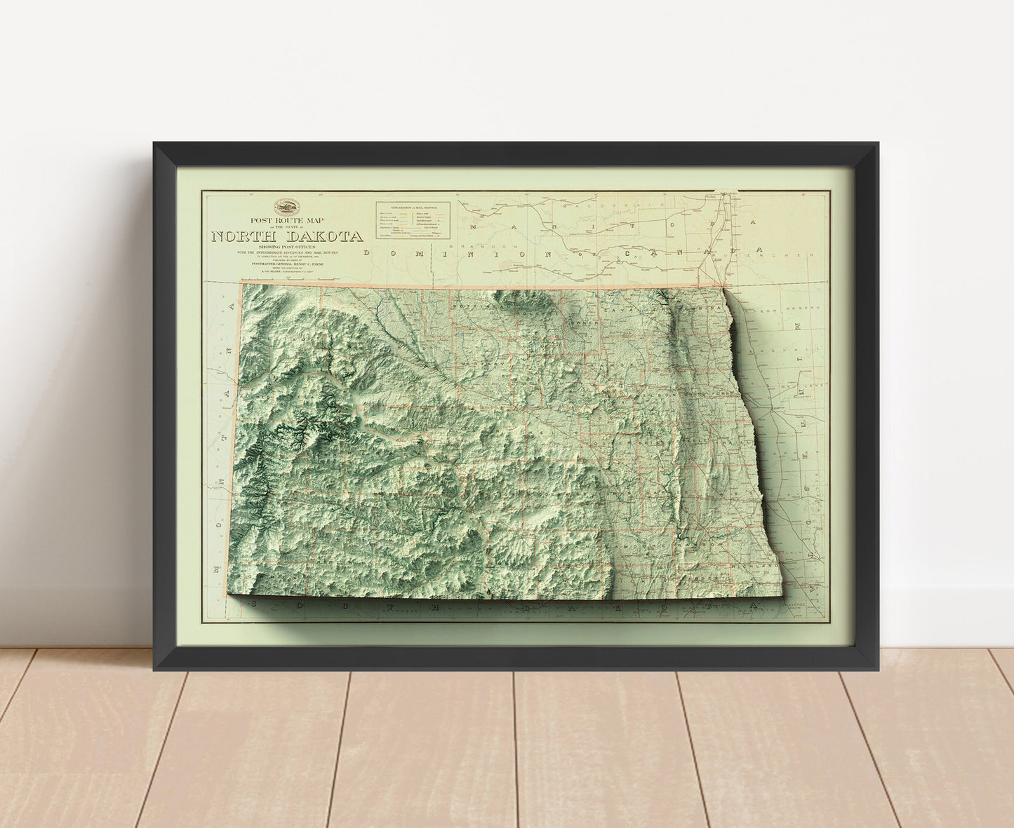 Vintage North Dakota shaded relief map in black frame. Artistic print with realistic terrain effect for wall decor