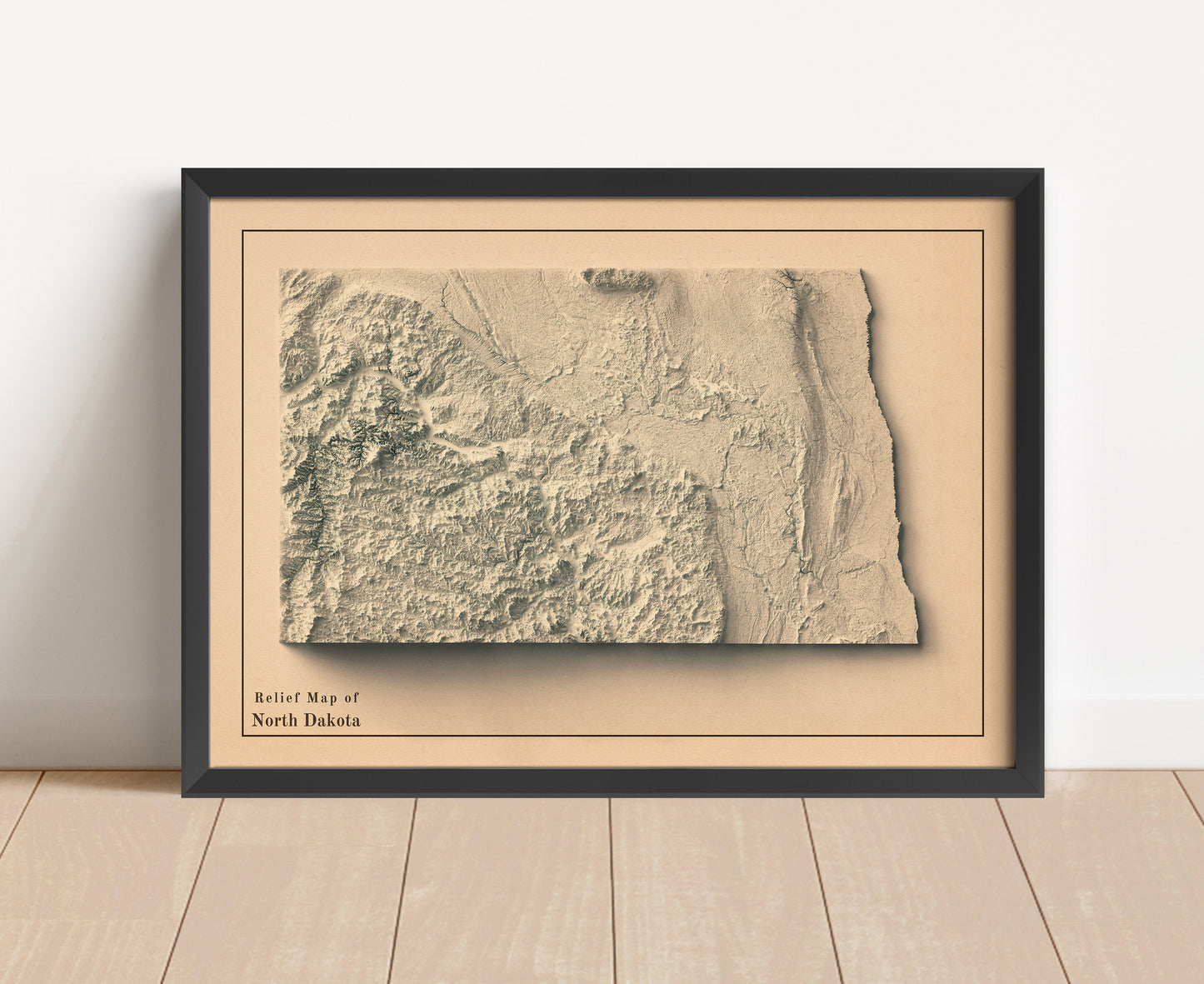 Vintage North Dakota shaded relief map in black frame. Artistic print with realistic terrain effect for wall decor