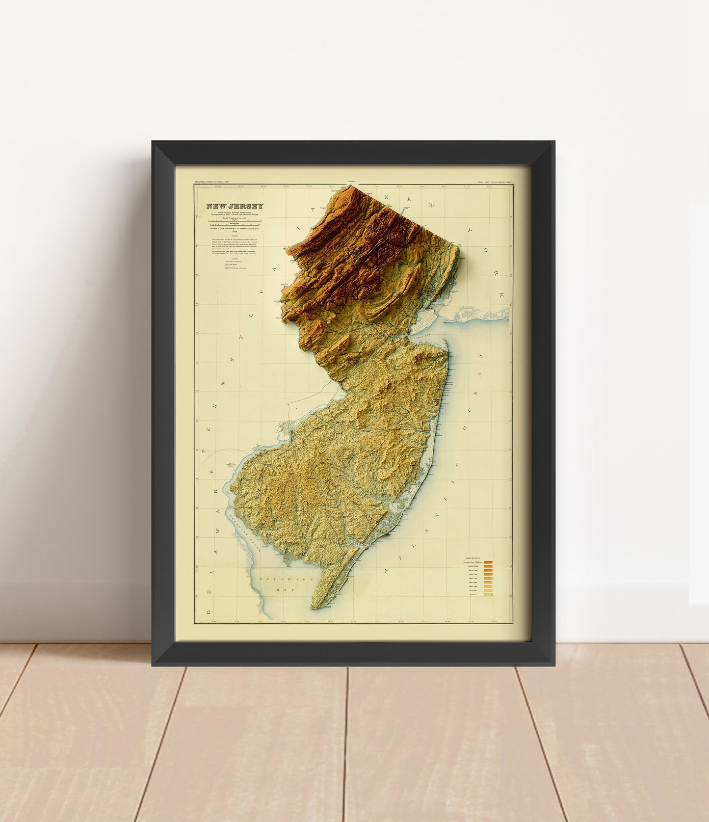 Vintage New Jersey shaded relief map in black frame. Artistic print with realistic terrain effect for wall decor