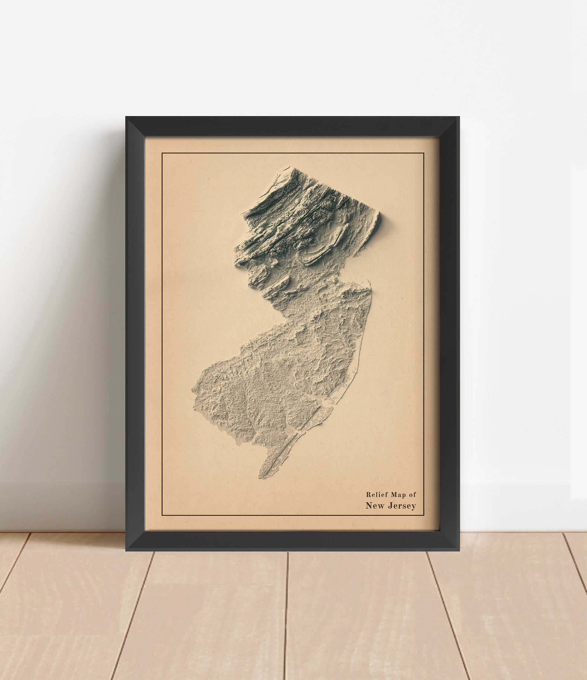 Vintage New Jersey shaded relief map in black frame. Artistic print with realistic terrain effect for wall decor