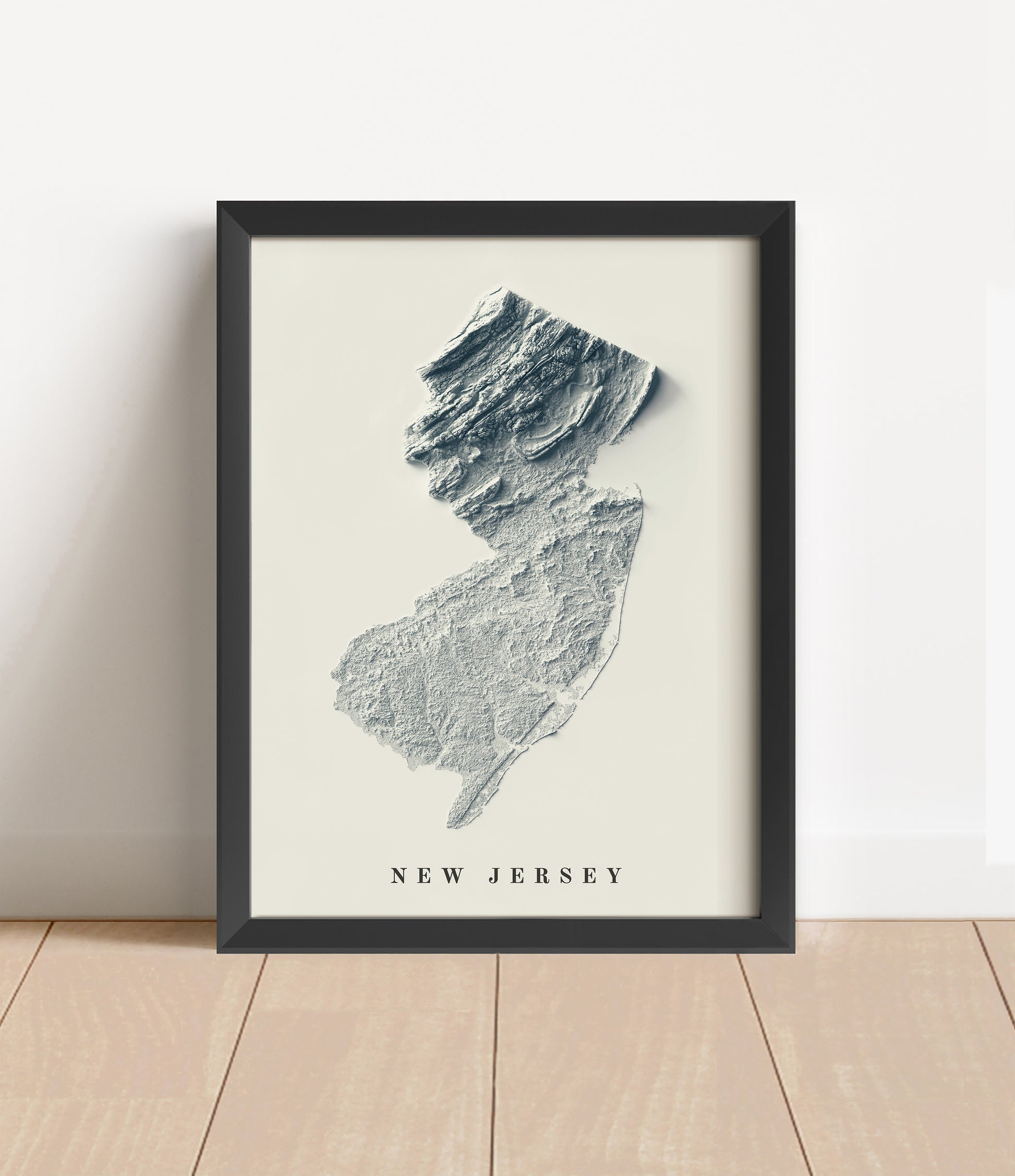 New Jersey shaded relief map in black frame. Artistic print with realistic terrain effect for wall decor