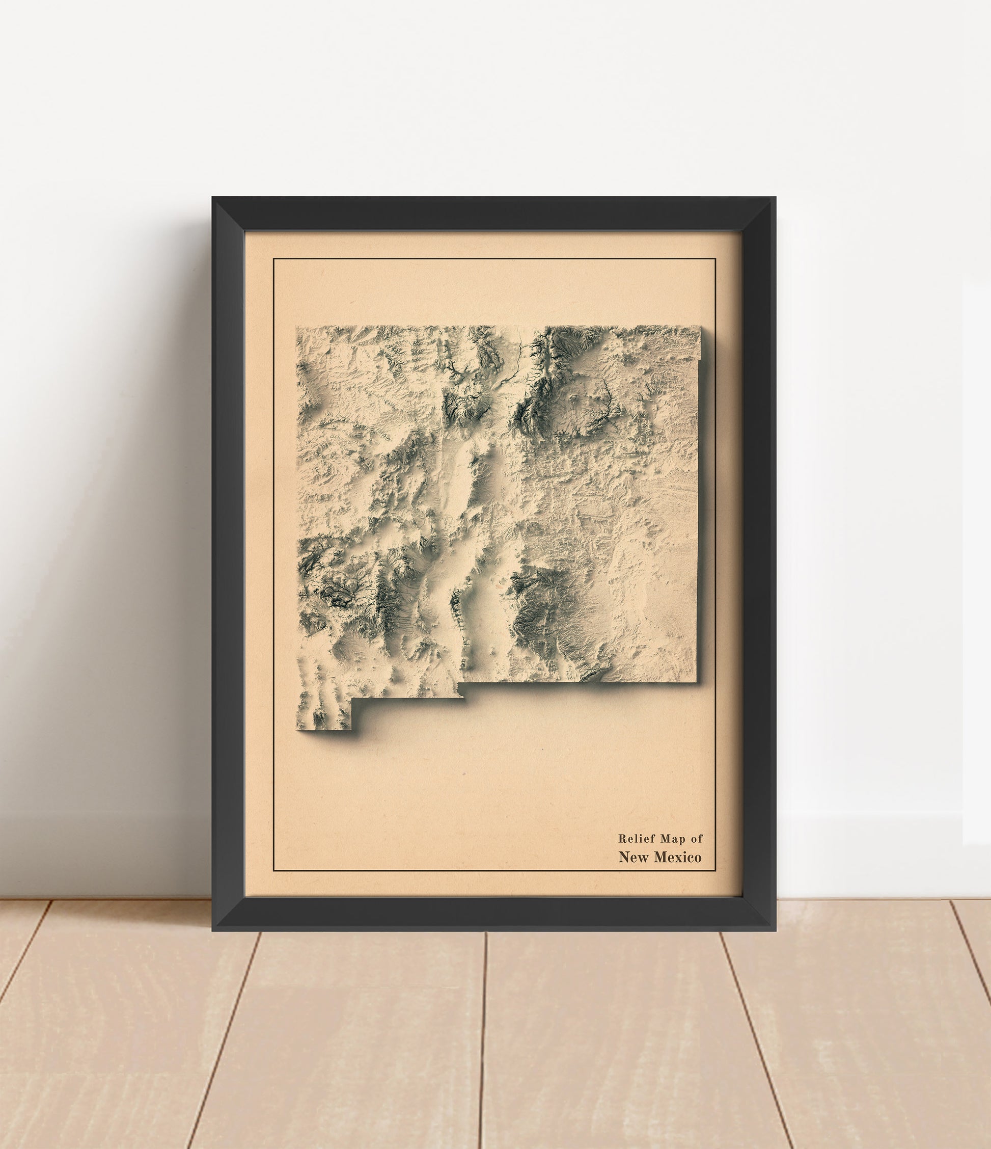 Vintage New Mexico shaded relief map in black frame. Artistic print with realistic terrain effect for wall decor