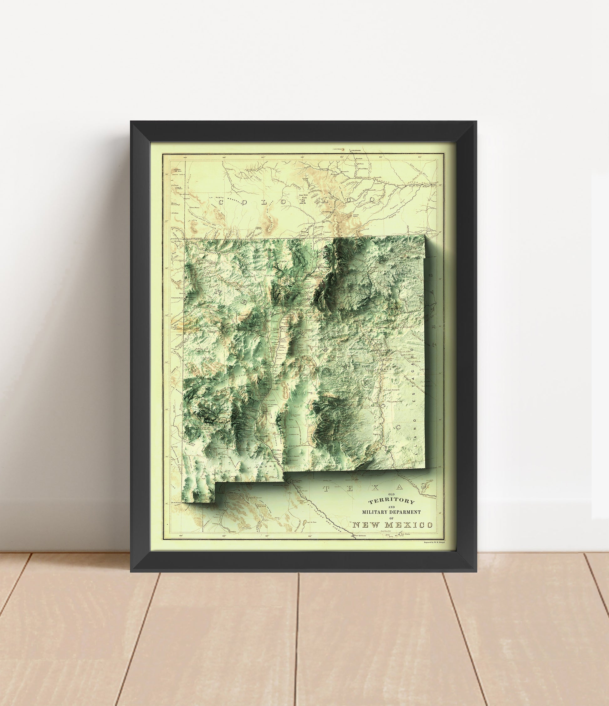 Vintage New Mexico shaded relief map in black frame. Artistic print with realistic terrain effect for wall decor