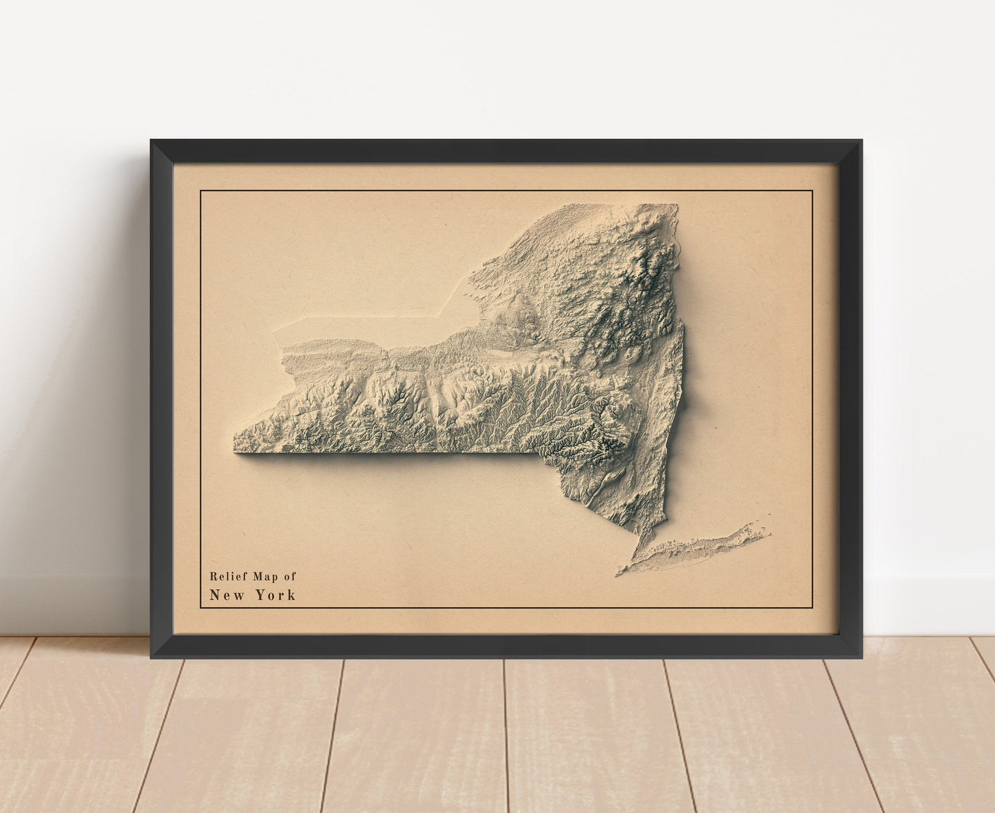 Vintage New York state shaded relief map in black frame. Artistic print with realistic terrain effect for wall decor