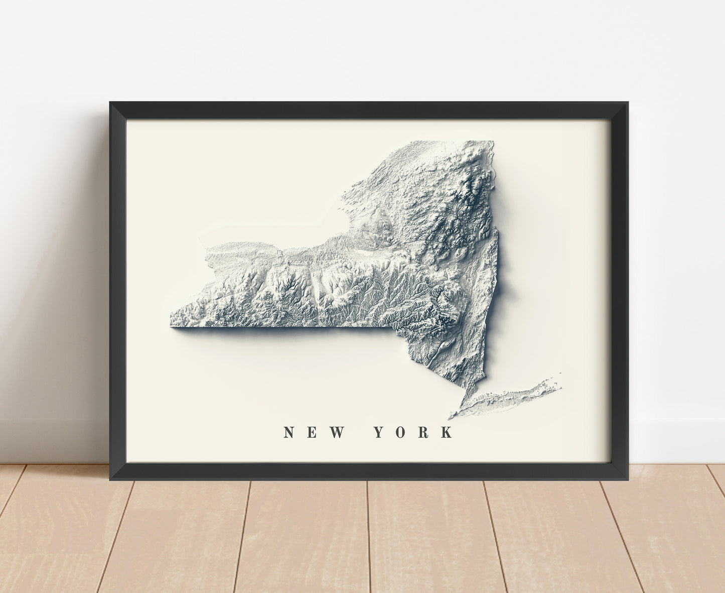 New York state shaded relief map in black frame. Artistic print with realistic terrain effect for wall decor