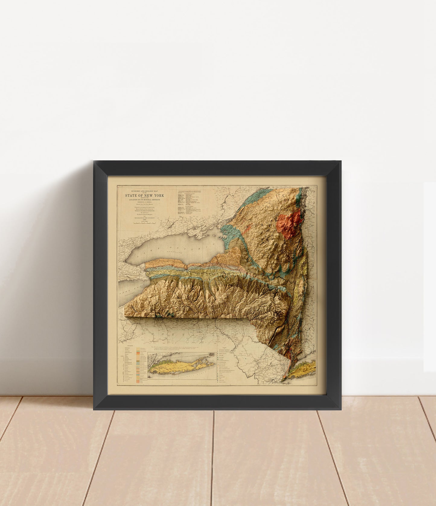 Vintage New York state shaded relief map in black frame. Artistic print with realistic terrain effect for wall decor