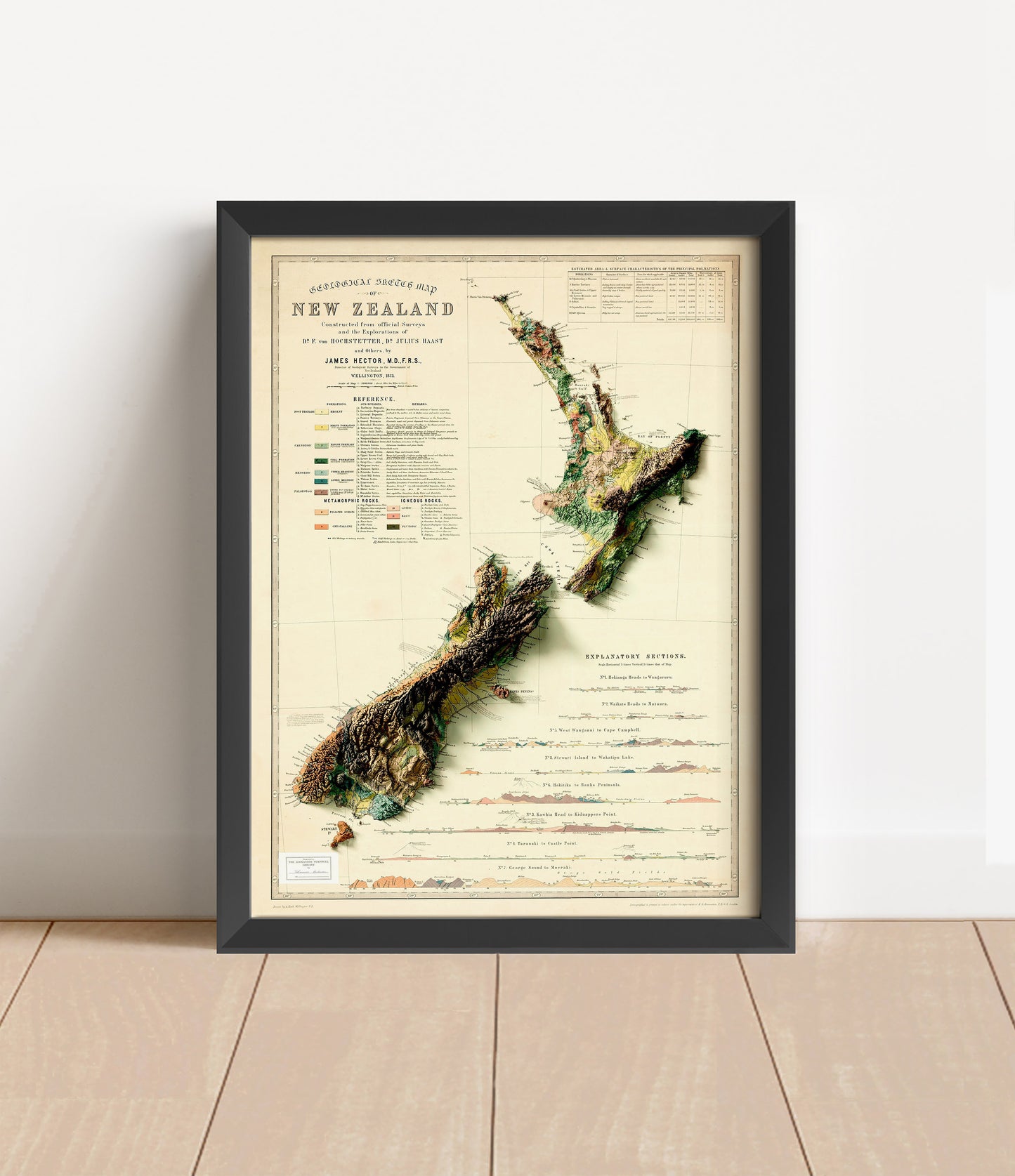 Vintage New Zealand shaded relief map in black frame. Artistic print with realistic terrain effect for wall decor