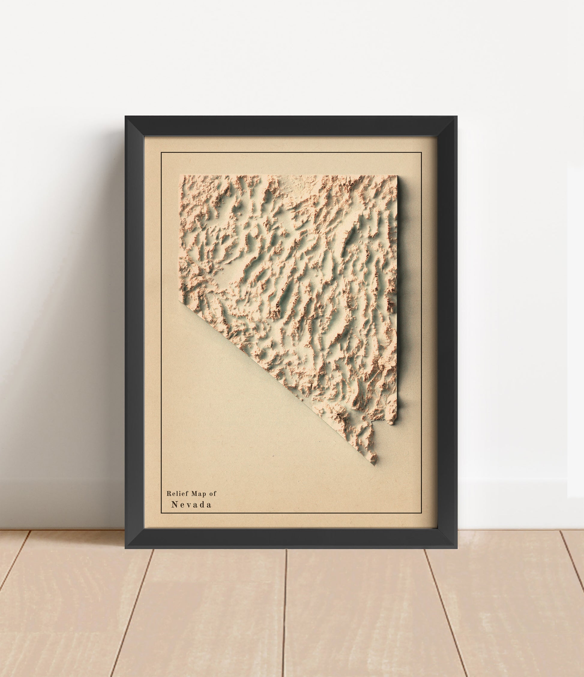 Vintage Nevada shaded relief map in black frame. Artistic print with realistic terrain effect for wall decor