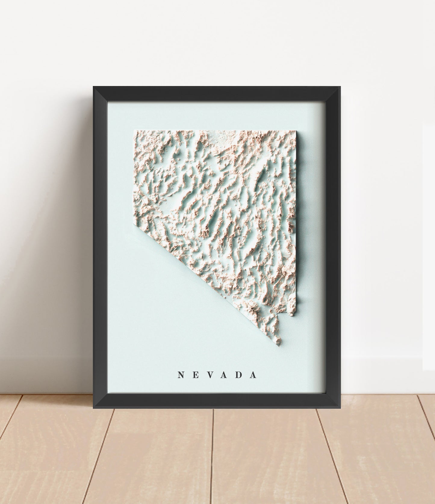 Nevada shaded relief map in black frame. Artistic print with realistic terrain effect for wall decor