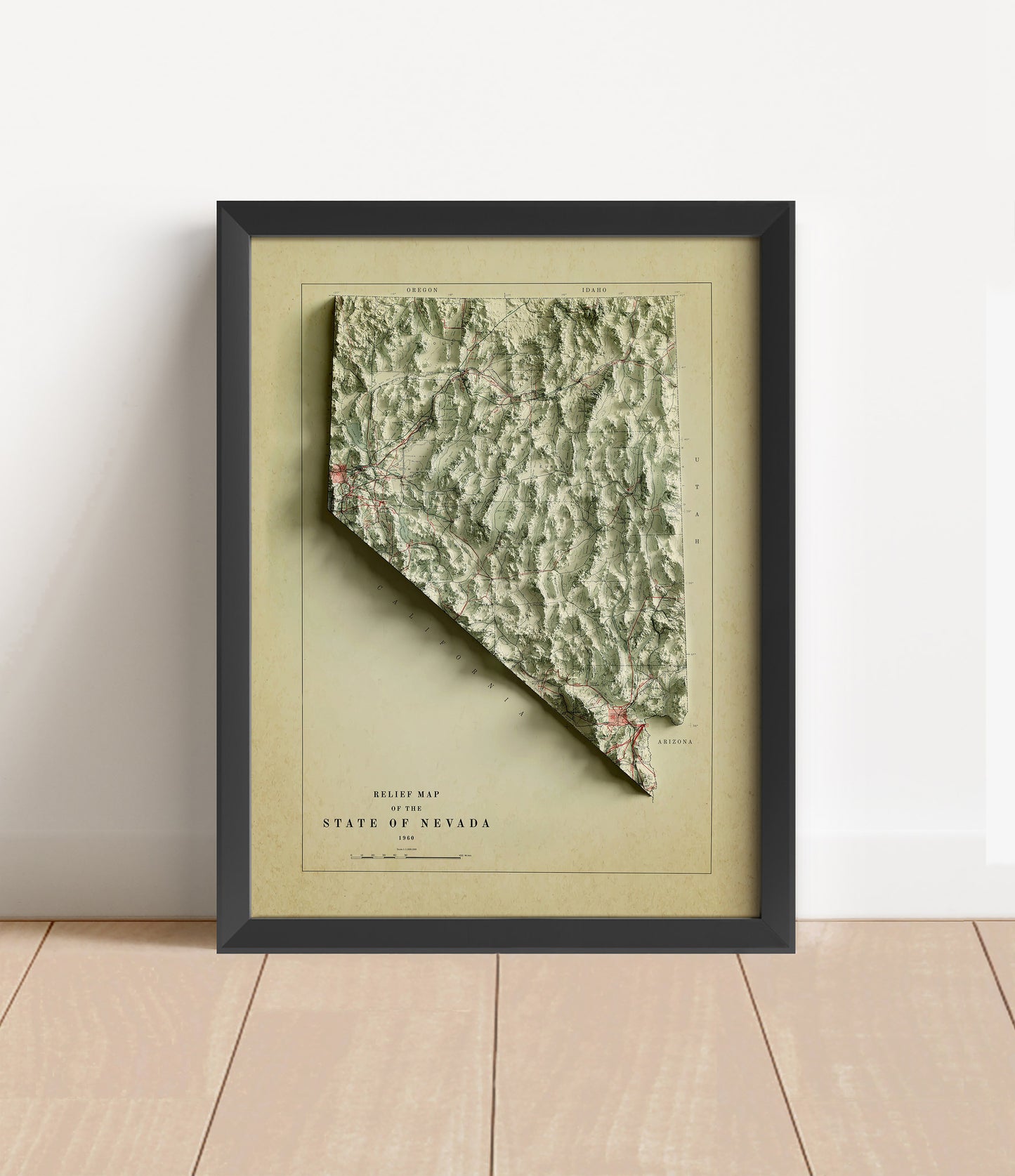 Vintage Nevada shaded relief map in black frame. Artistic print with realistic terrain effect for wall decor