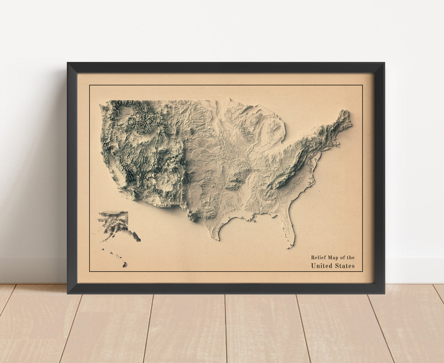 Vintage United States shaded relief map in black frame. Artistic print with realistic terrain effect for wall decor
