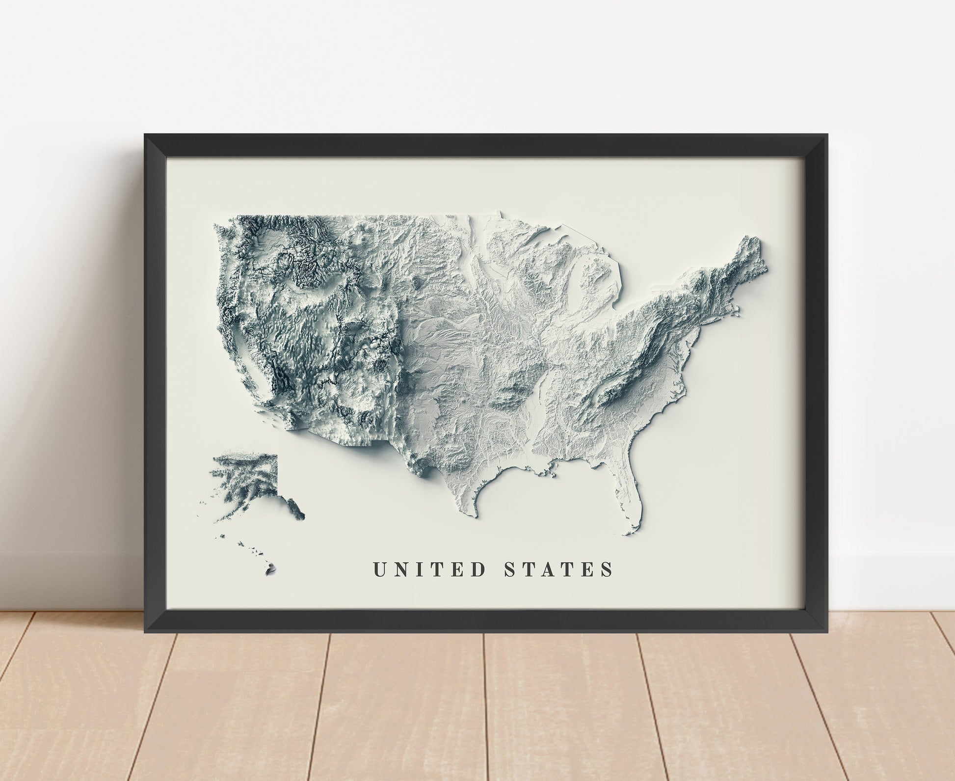 USA shaded relief map in black frame. Artistic print with realistic terrain effect for wall decor