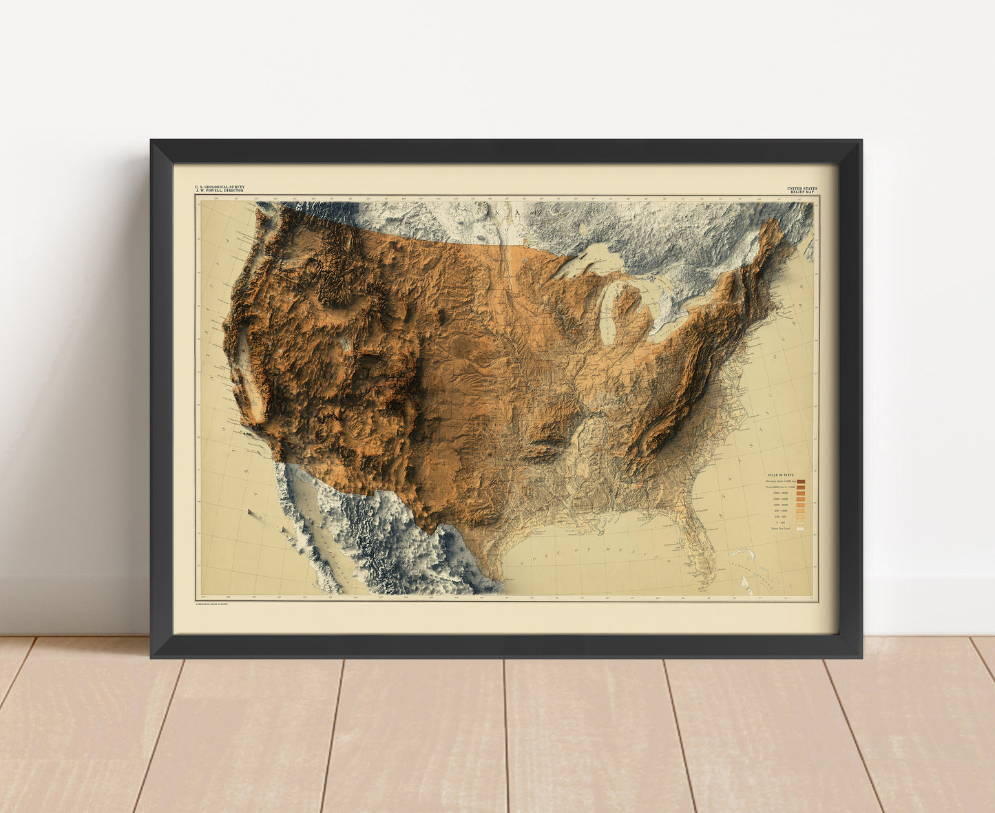 Vintage United States shaded relief map in black frame. Artistic print with realistic terrain effect for wall decor