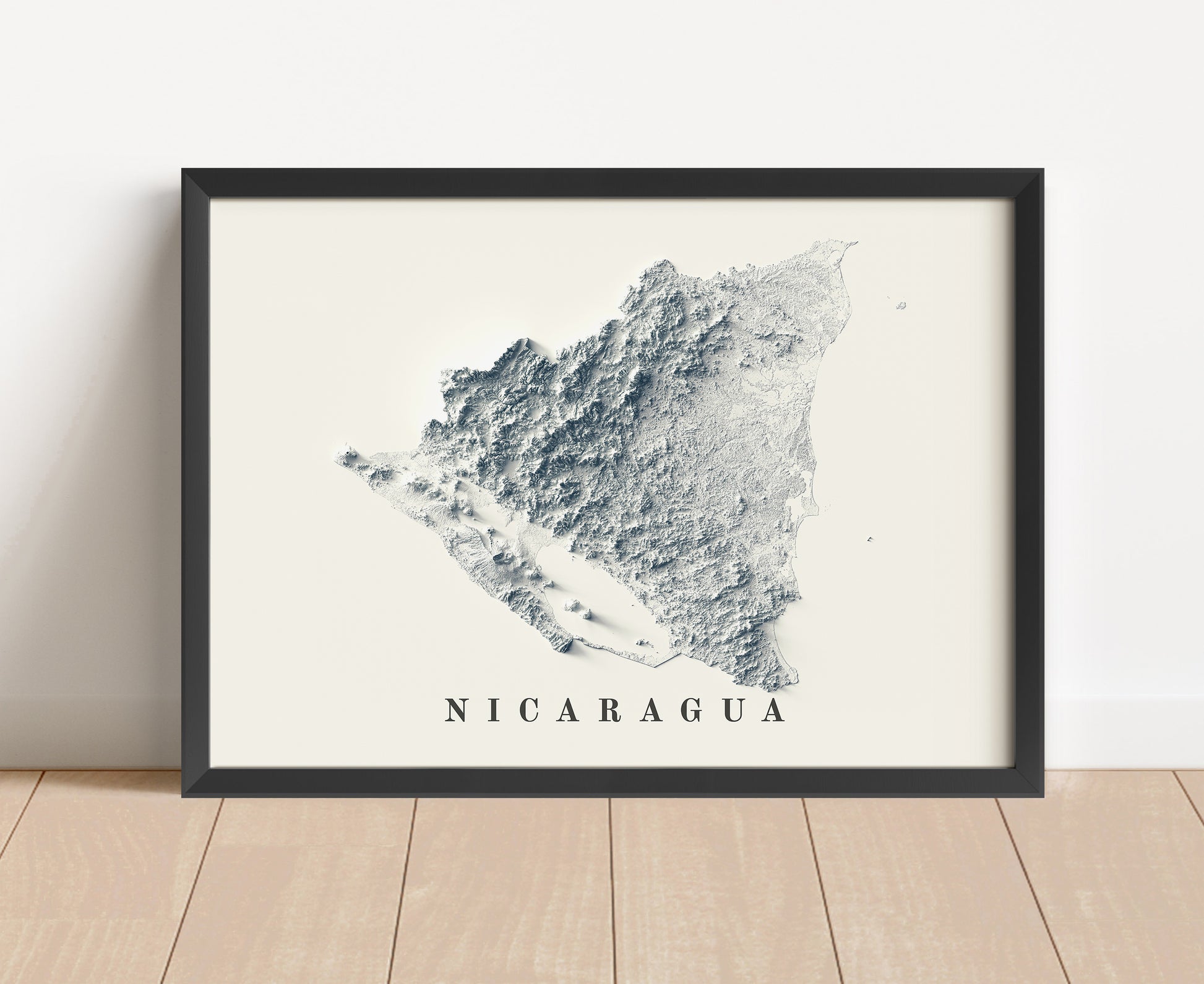 Nicaragua shaded relief map in black frame. Artistic print with realistic terrain effect for wall decor