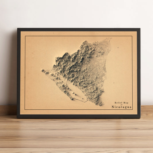 Nicaragua vintage framed shaded relief map in black frame. Artistic print highlighting mountains with a realistic terrain effect