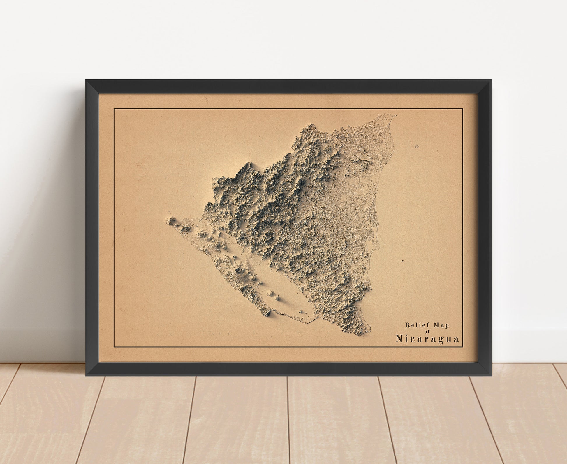 Vintage Nicaragua shaded relief map in black frame. Artistic print with realistic terrain effect for wall decor