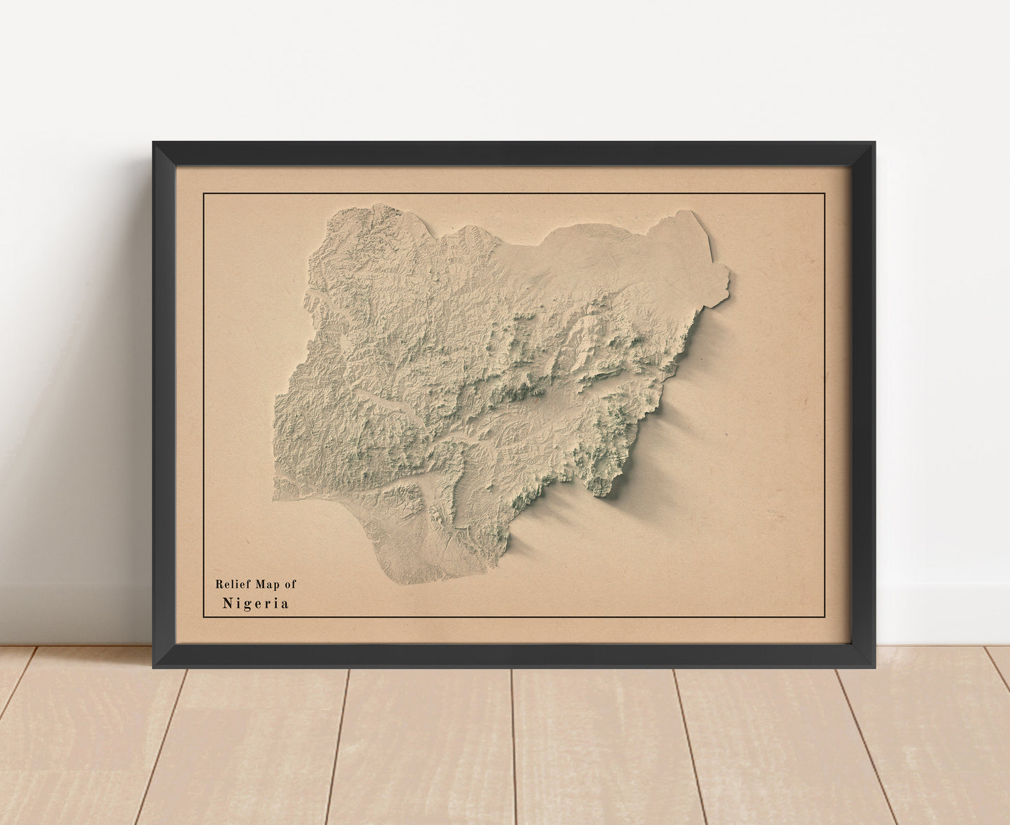 Vintage Nigeria shaded relief map in black frame. Artistic print with realistic terrain effect for wall decor