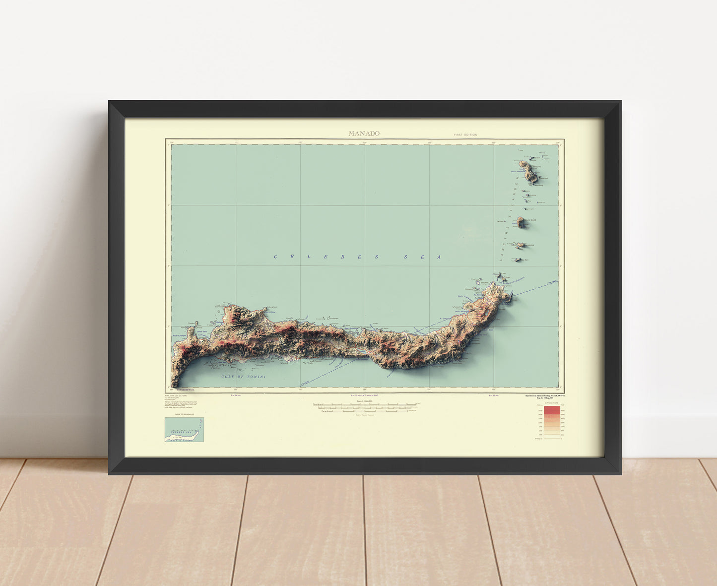 Vintage North Sulawesi, Celebes, Indonesia, shaded relief map in black frame. Artistic print with realistic terrain effect for wall decor
