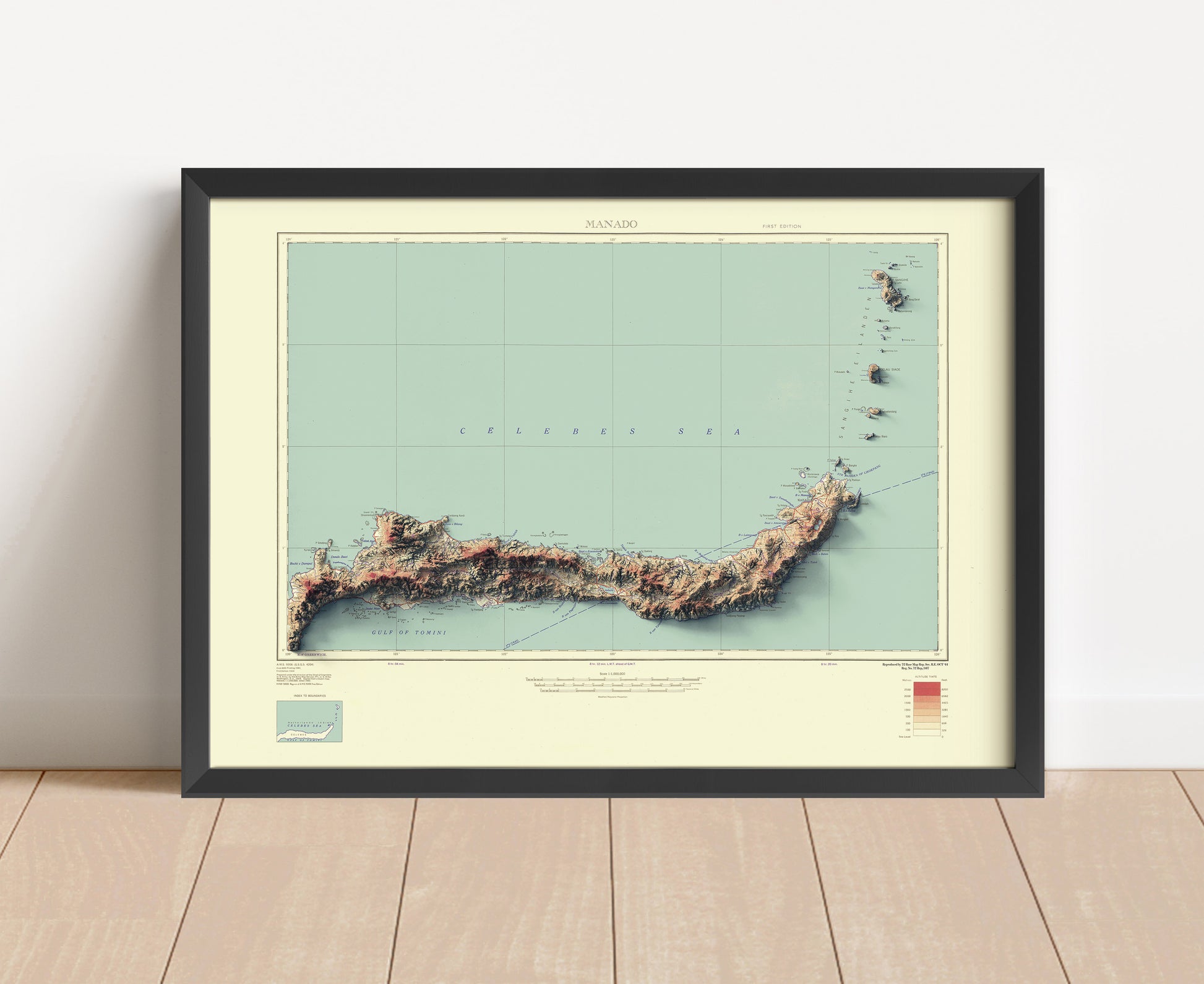 Vintage North Sulawesi, Celebes, Indonesia, shaded relief map in black frame. Artistic print with realistic terrain effect for wall decor