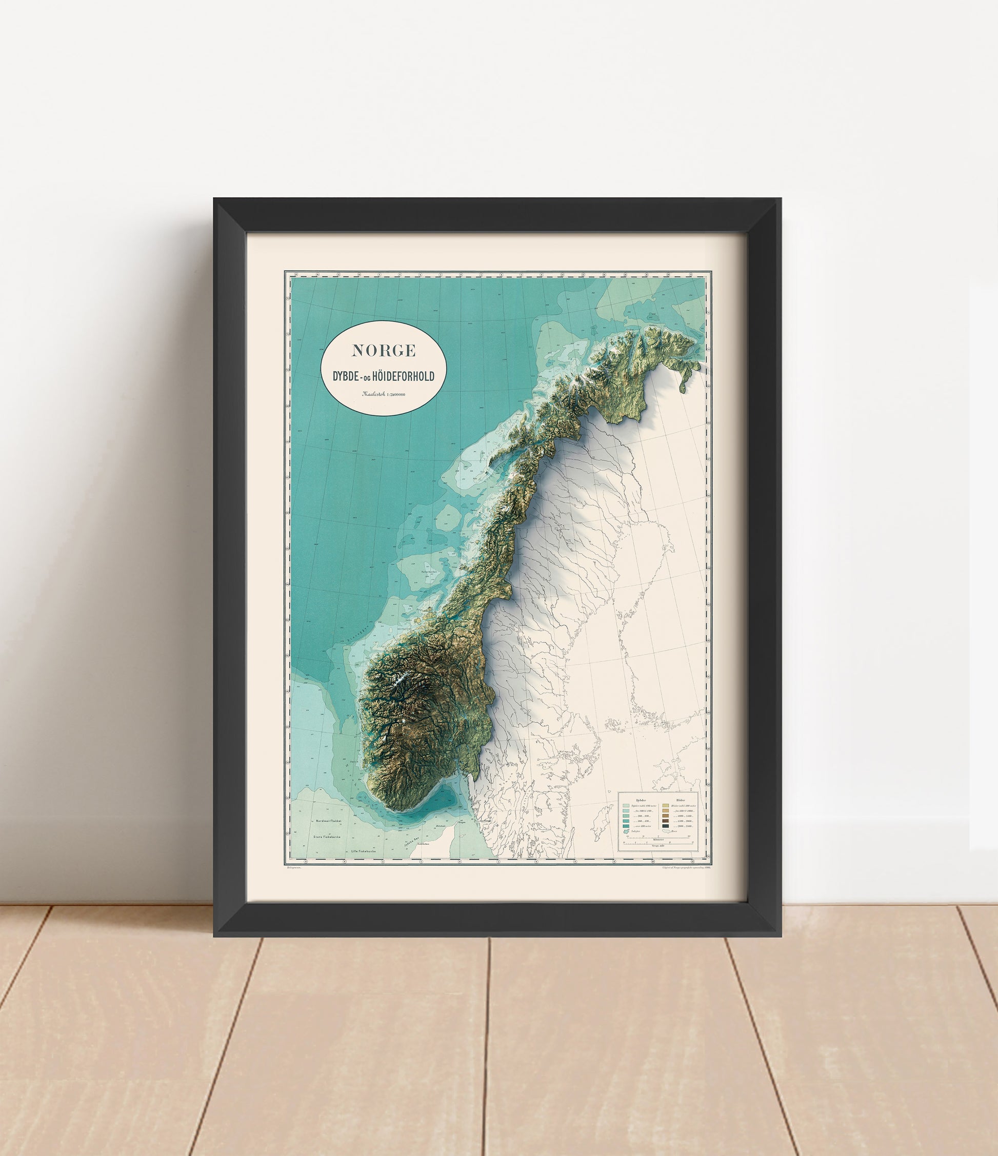 Vintage Norway shaded relief map in black frame. Artistic print with realistic terrain effect for wall decor