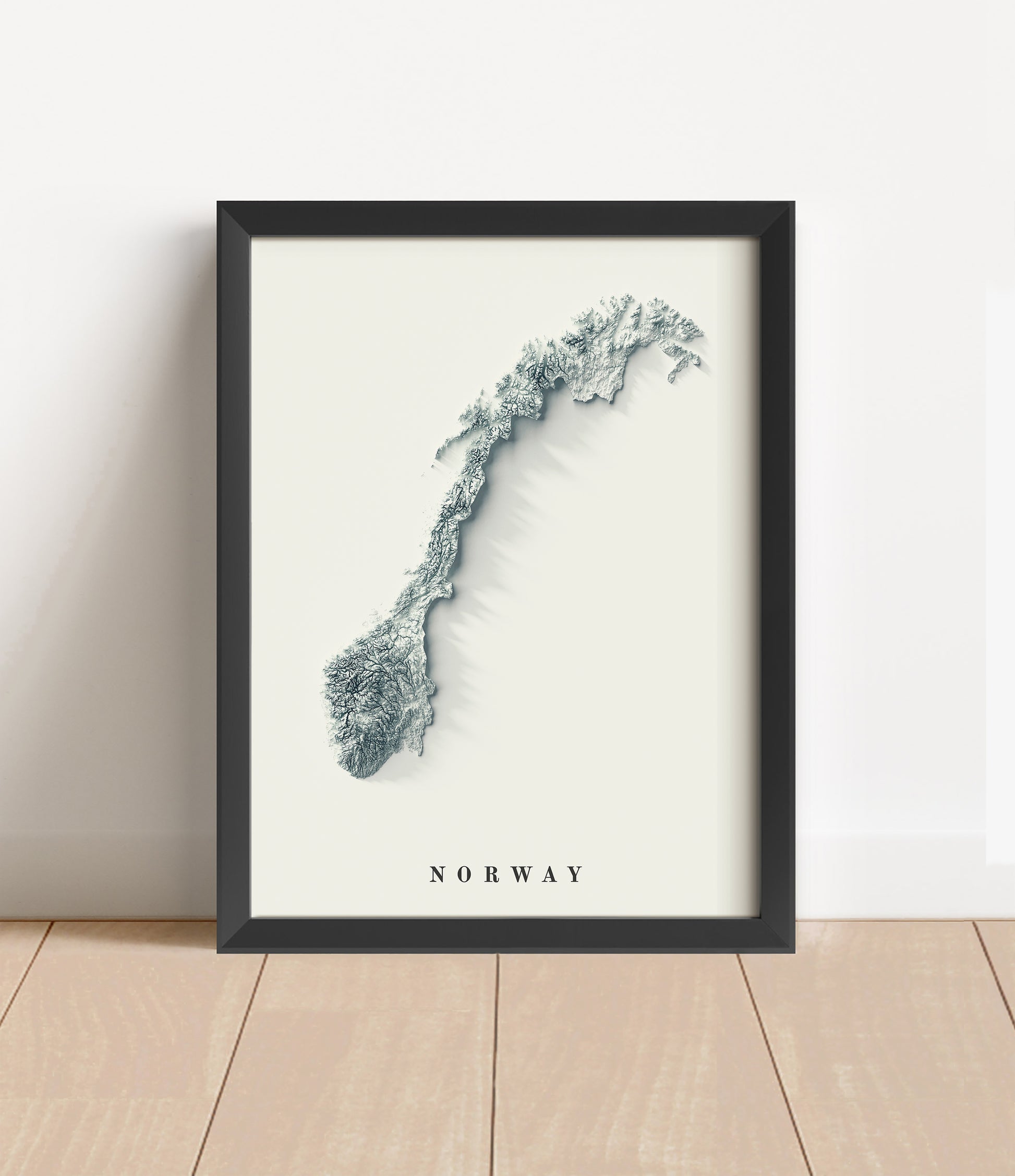 Norway shaded relief map in black frame. Artistic print with realistic terrain effect for wall decor