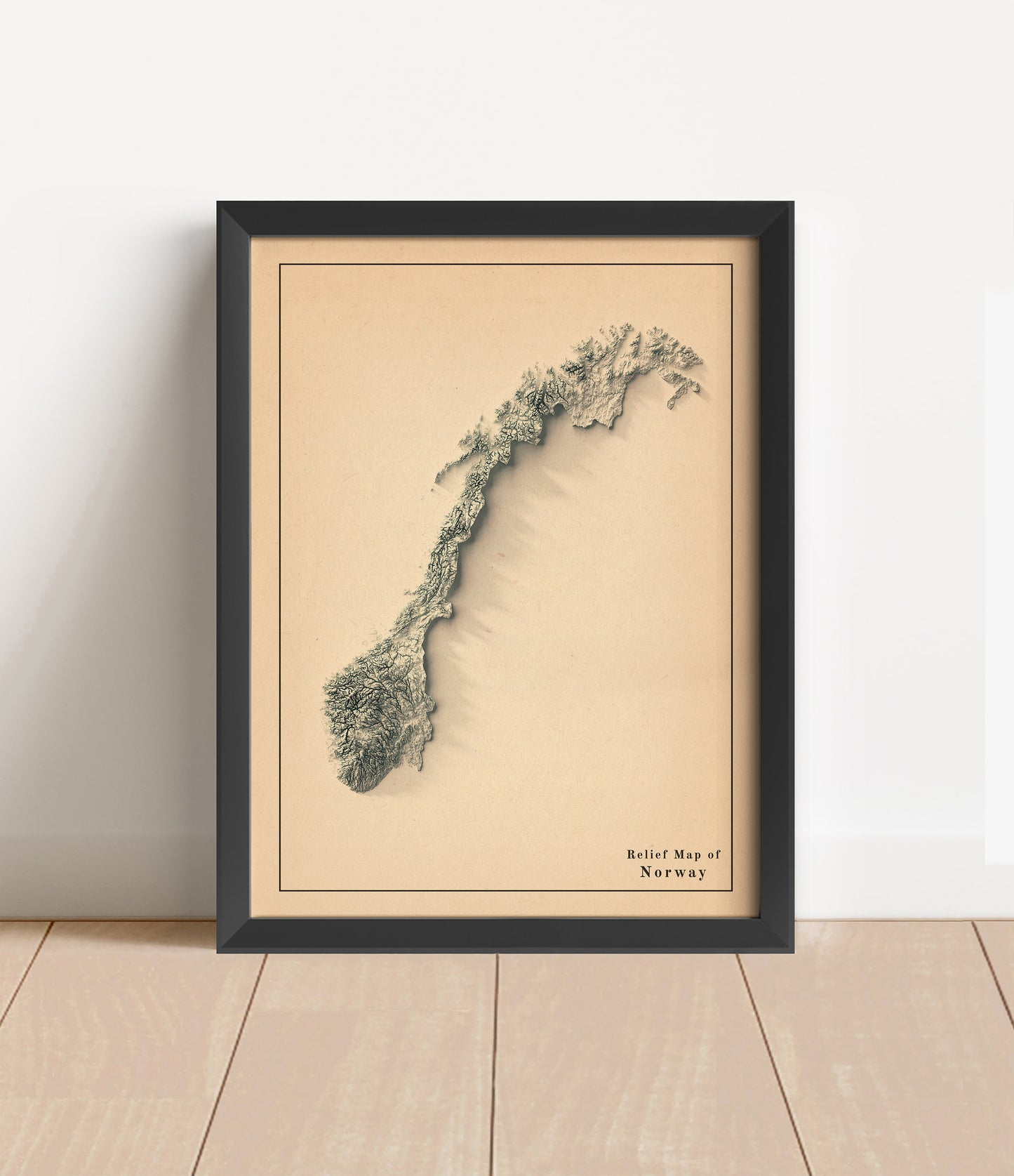 Vintage Norway shaded relief map in black frame. Artistic print with realistic terrain effect for wall decor