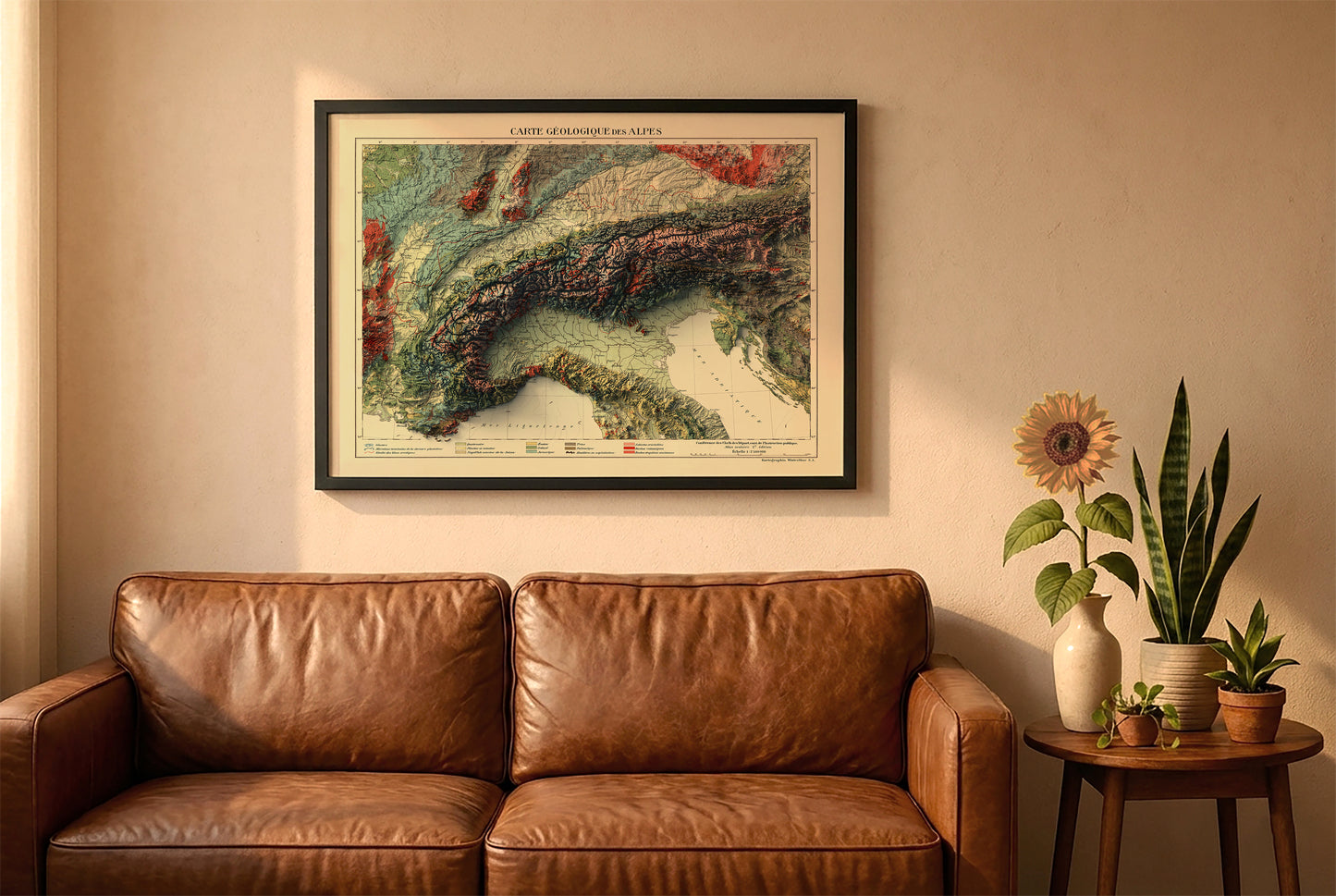 Alps vintage relief map in a black frame above a brown leather sofa. Boho living room with warm sunlight, sunflower, and indoor plants on a wooden side table