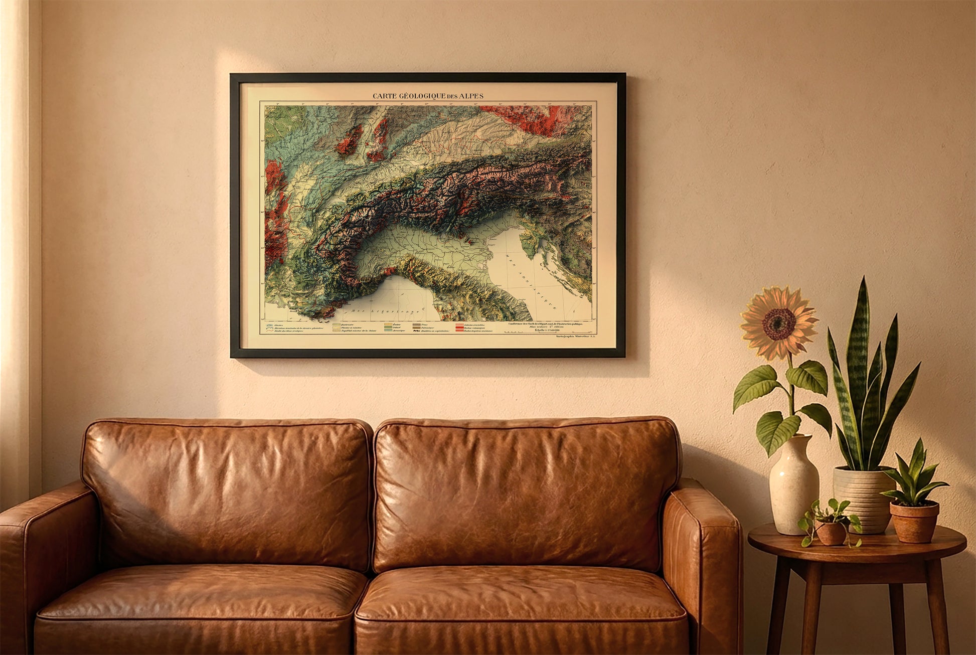 Alps vintage relief map in a black frame above a brown leather sofa. Boho living room with warm sunlight, sunflower, and indoor plants on a wooden side table