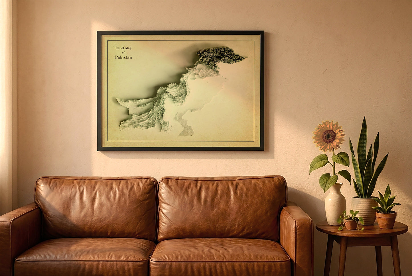 Pakistan vintage relief map in a black frame above a brown leather sofa. Boho living room with warm sunlight, sunflower, and indoor plants on a wooden side table