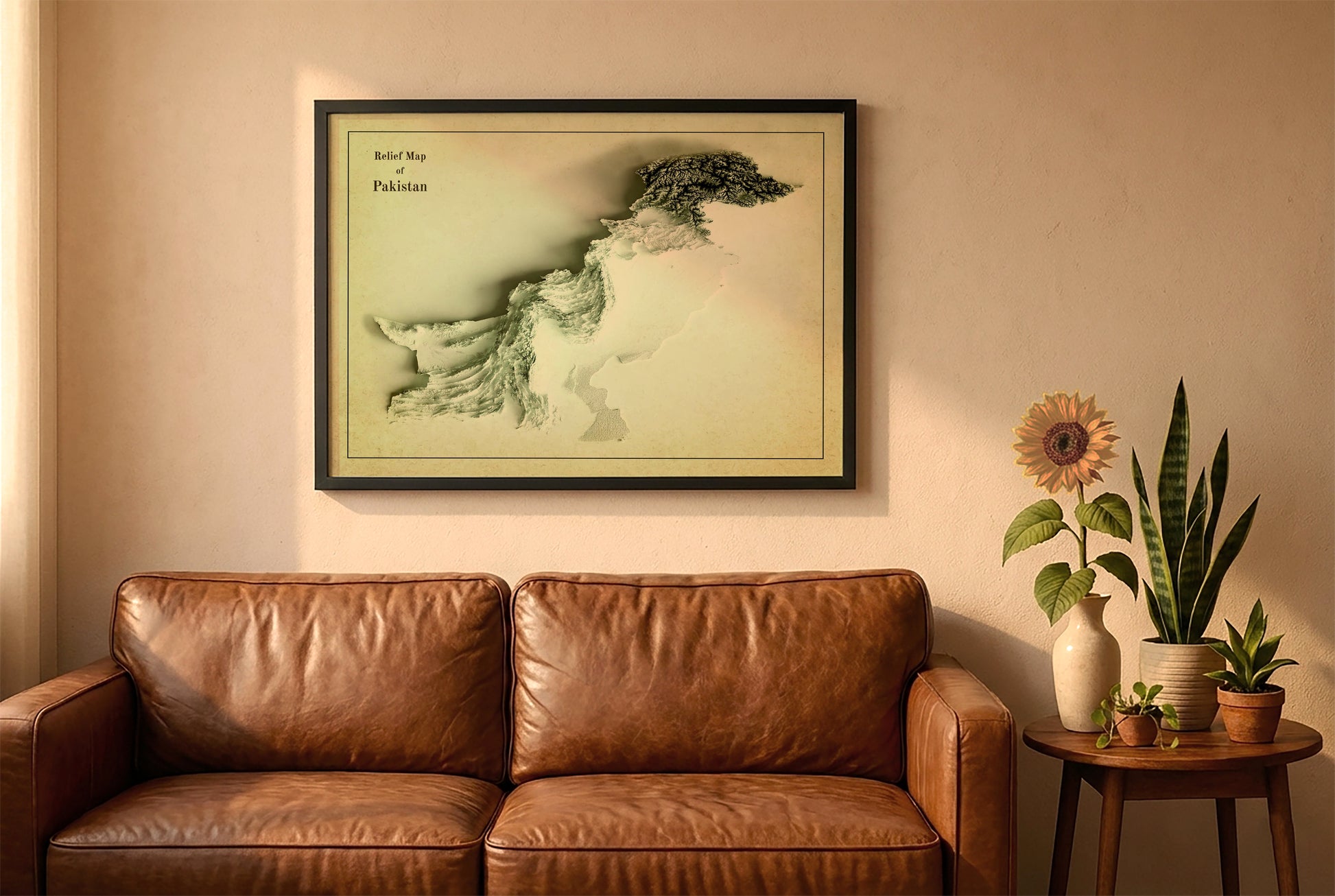 Pakistan vintage relief map in a black frame above a brown leather sofa. Boho living room with warm sunlight, sunflower, and indoor plants on a wooden side table