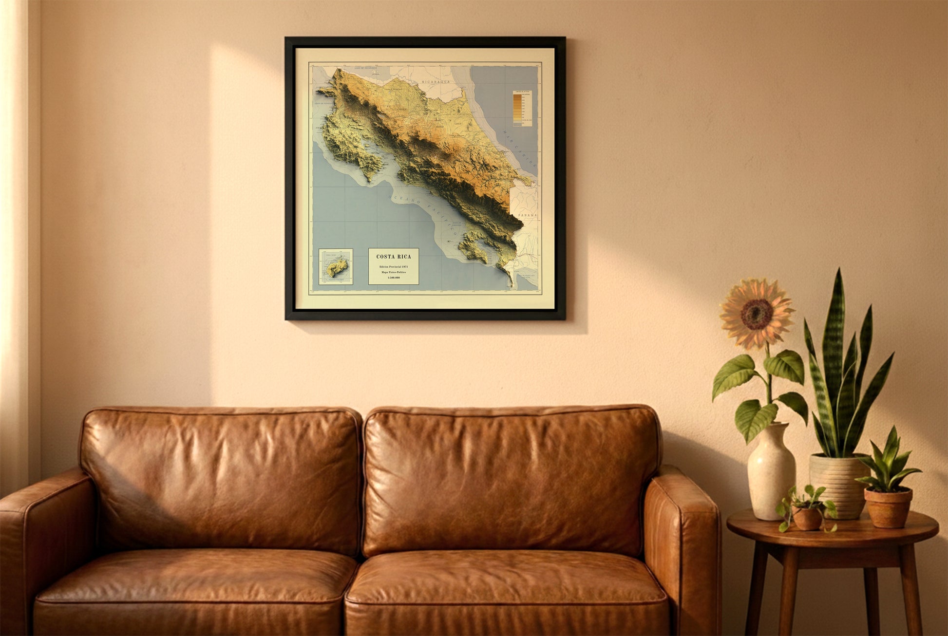 Costa Rica vintage relief map in a black frame above a brown leather sofa. Boho living room with warm sunlight, sunflower, and indoor plants on a wooden side table