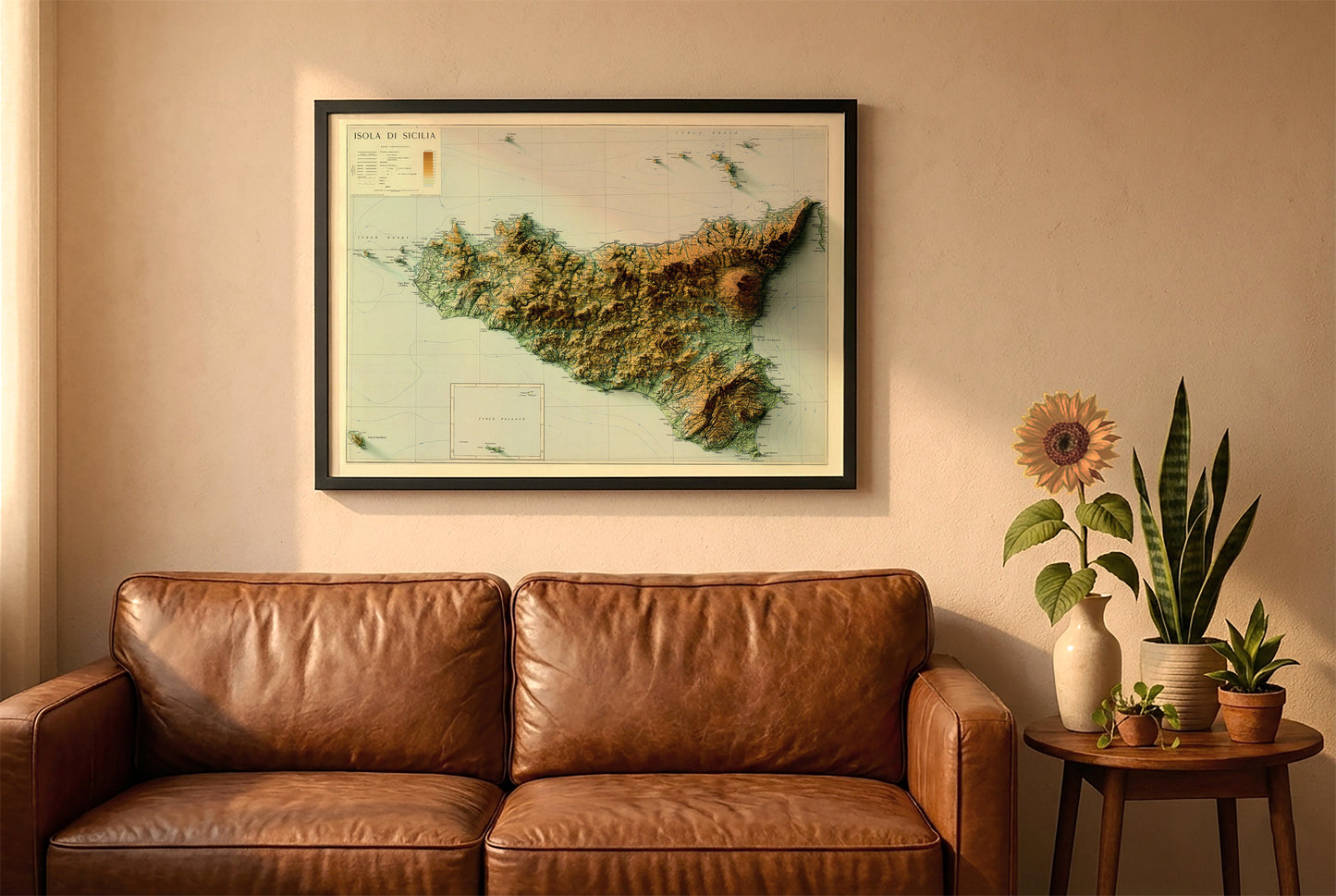 Sicily, Italy, vintage relief map in a black frame above a brown leather sofa. Boho living room with warm sunlight, sunflower, and indoor plants on a wooden side table