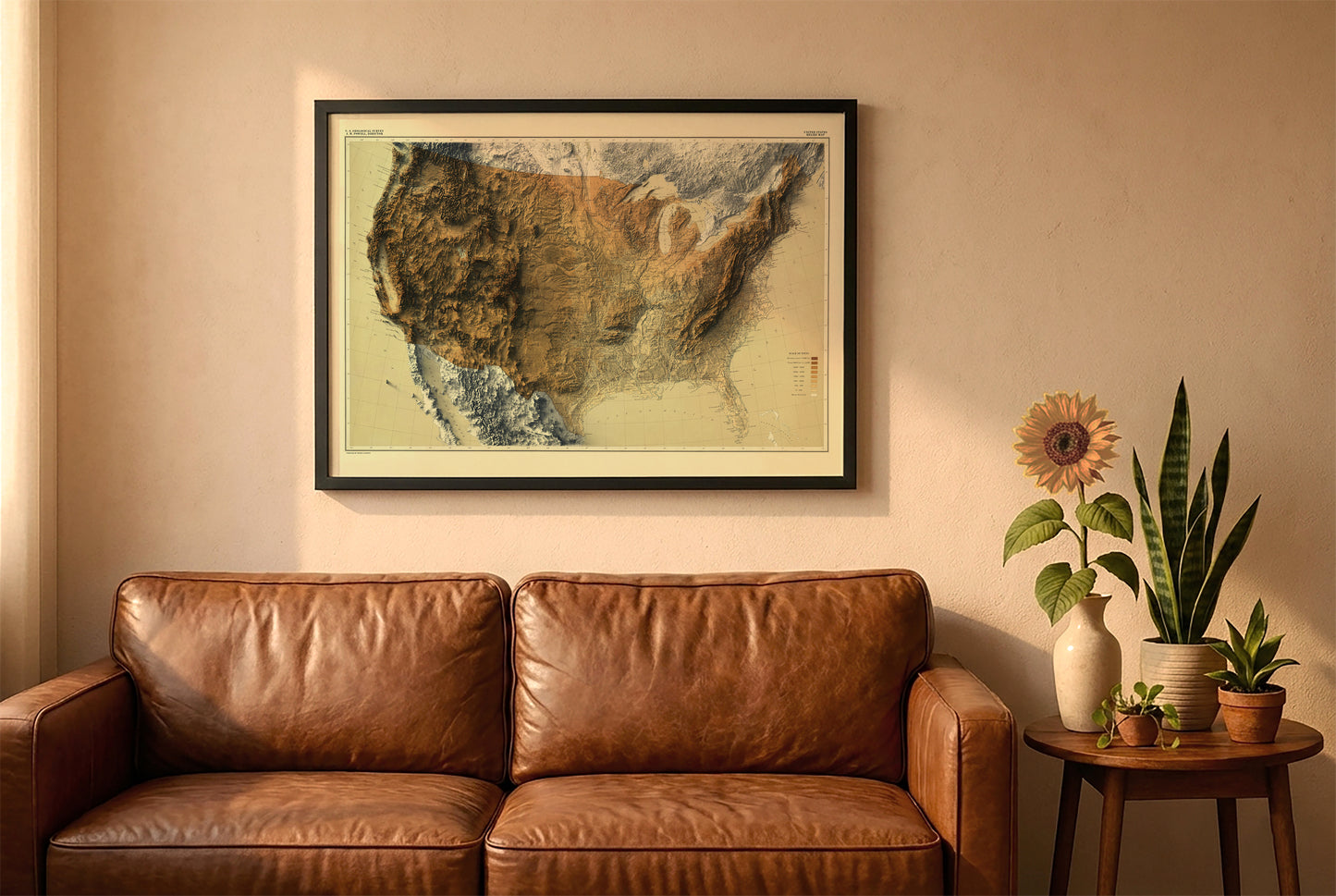 USA vintage relief map in a black frame above a brown leather sofa. Boho living room with warm sunlight, sunflower, and indoor plants on a wooden side table