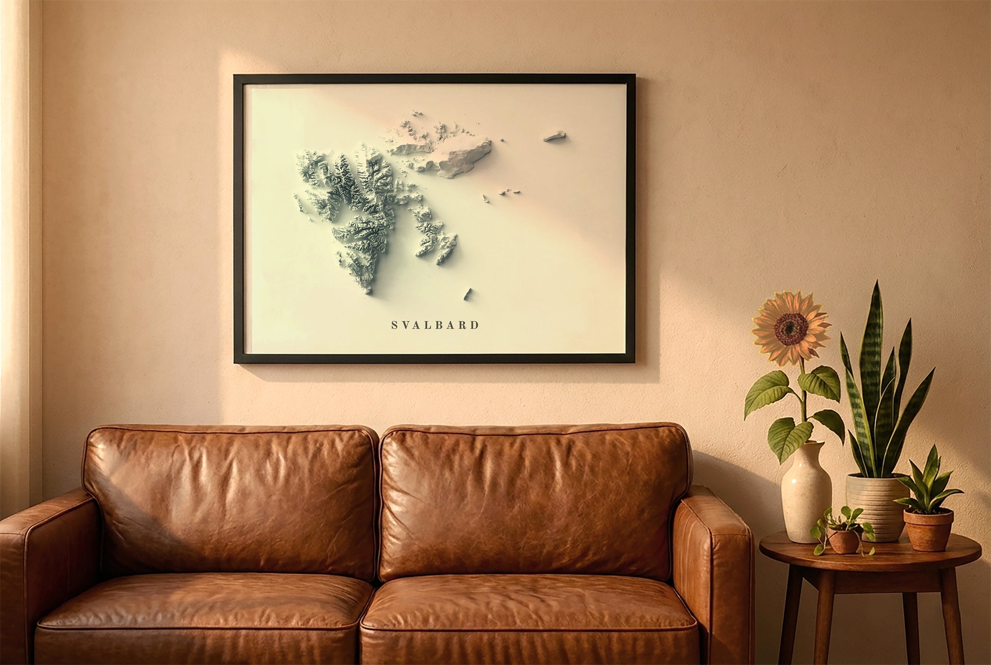 Svalbard, Norway, relief map in a black frame above a brown leather sofa. Boho living room with warm sunlight, sunflower, and indoor plants on a wooden side table