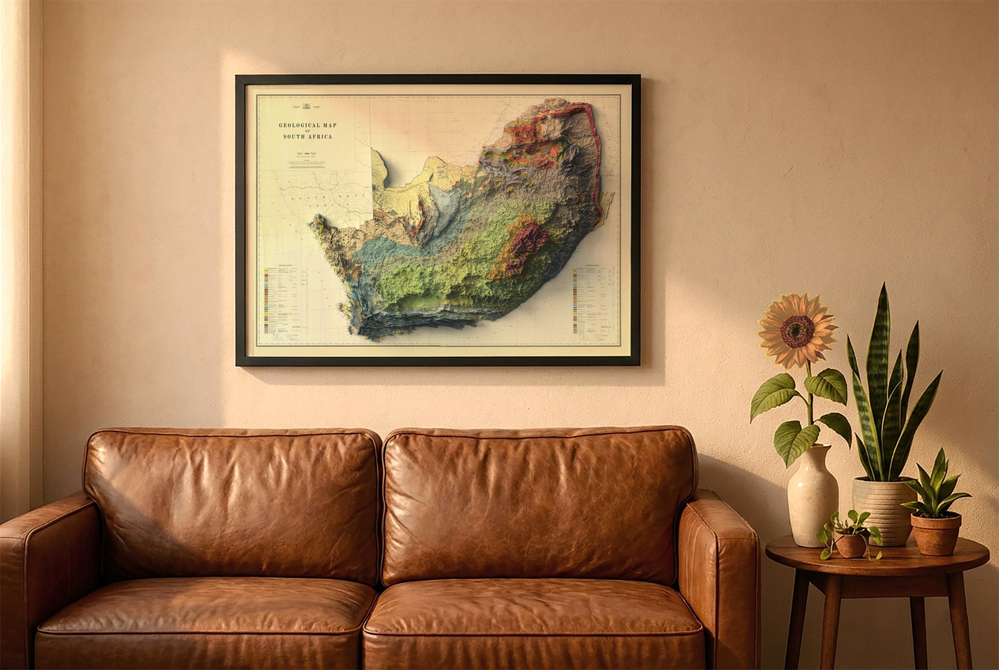 South Africa vintage relief map in a black frame above a brown leather sofa. Boho living room with warm sunlight, sunflower, and indoor plants on a wooden side table