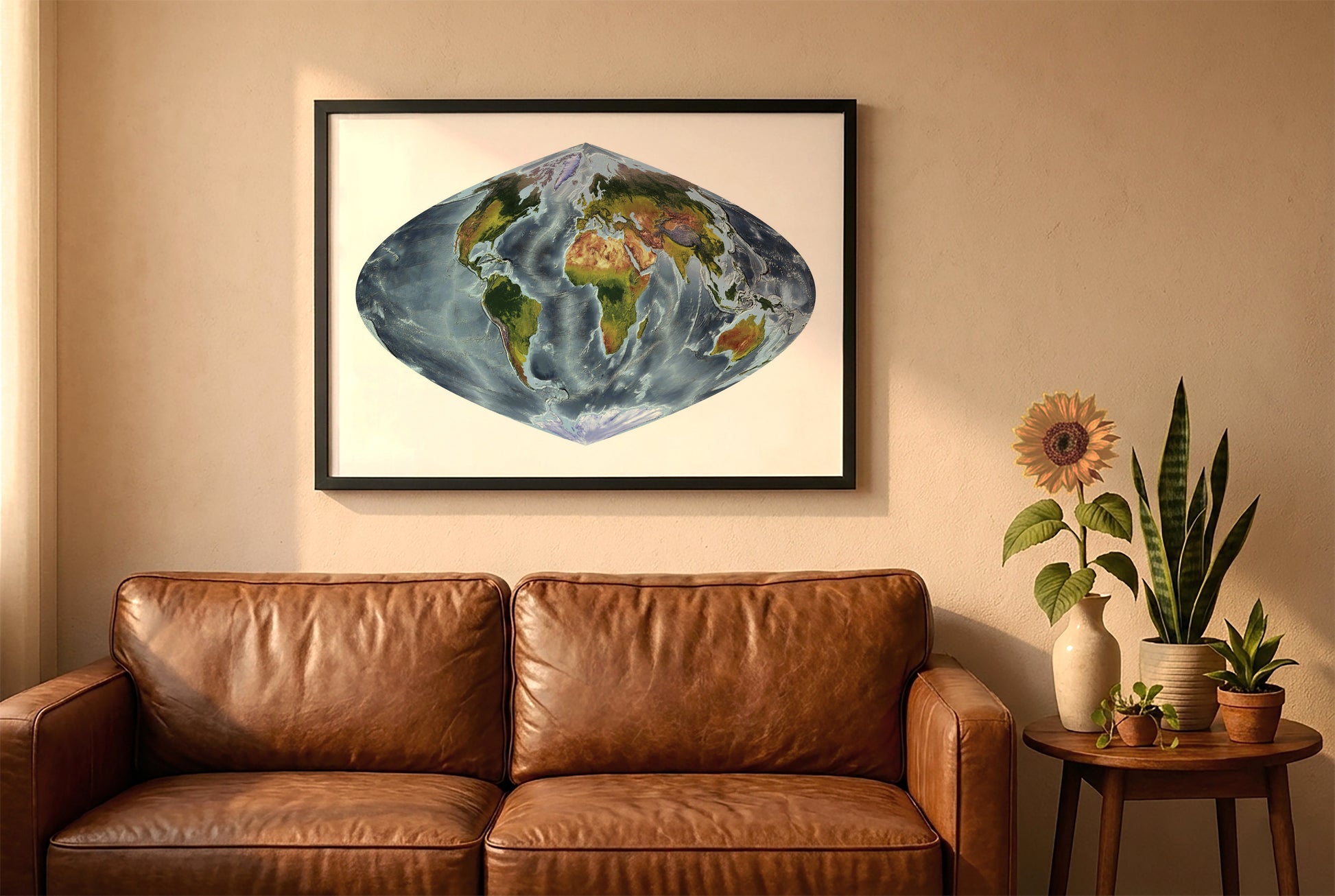 World relief map in craster parabolic projection in a black frame above a brown leather sofa. Boho living room with warm sunlight, sunflower, and indoor plants on a wooden side table