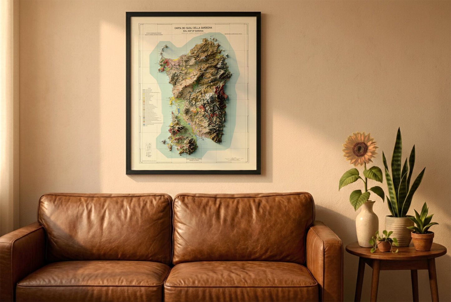 Sardinia, Italy, vintage relief map in a black frame above a brown leather sofa. Boho living room with warm sunlight, sunflower, and indoor plants on a wooden side table