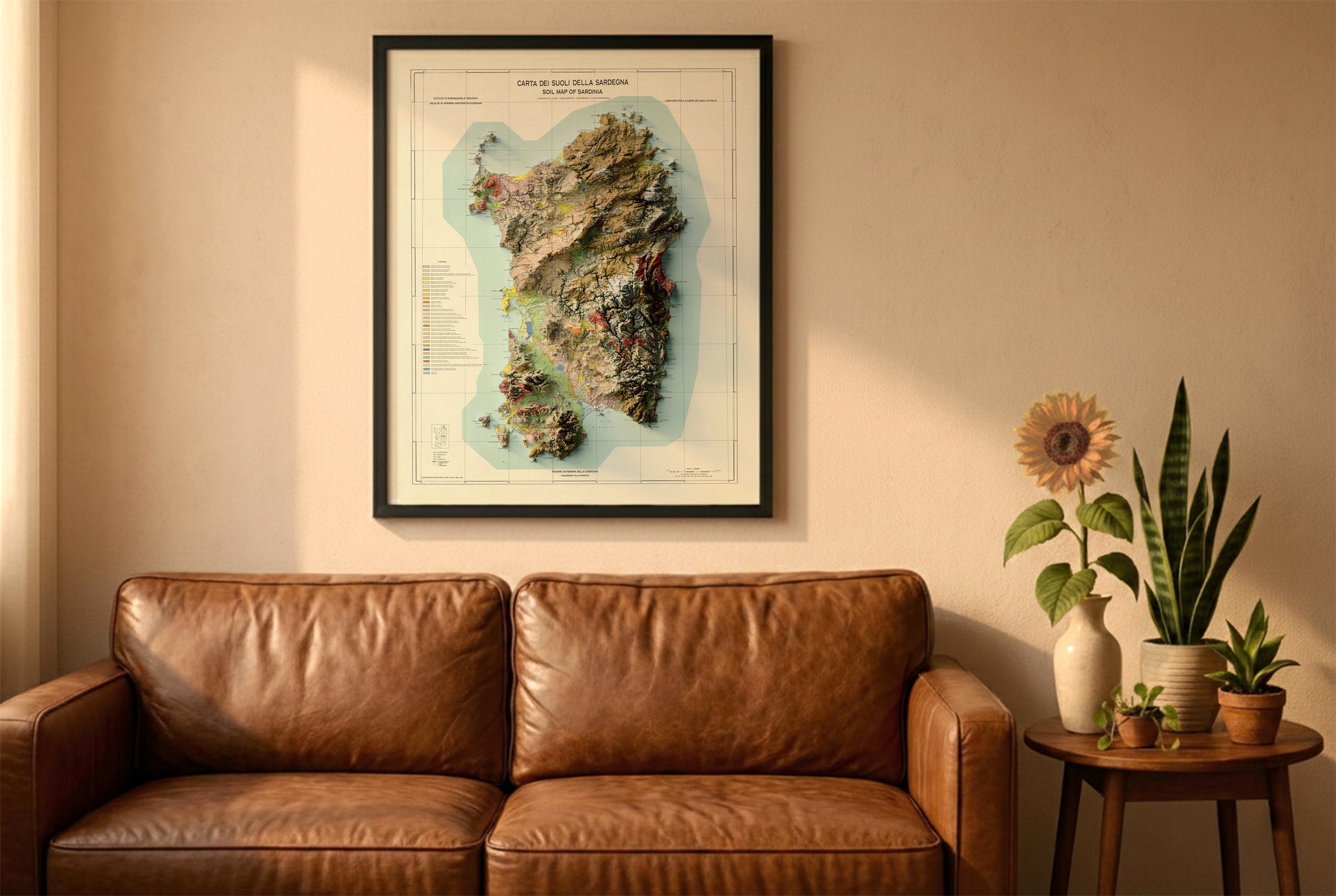 Sardinia, Italy, vintage relief map in a black frame above a brown leather sofa. Boho living room with warm sunlight, sunflower, and indoor plants on a wooden side table