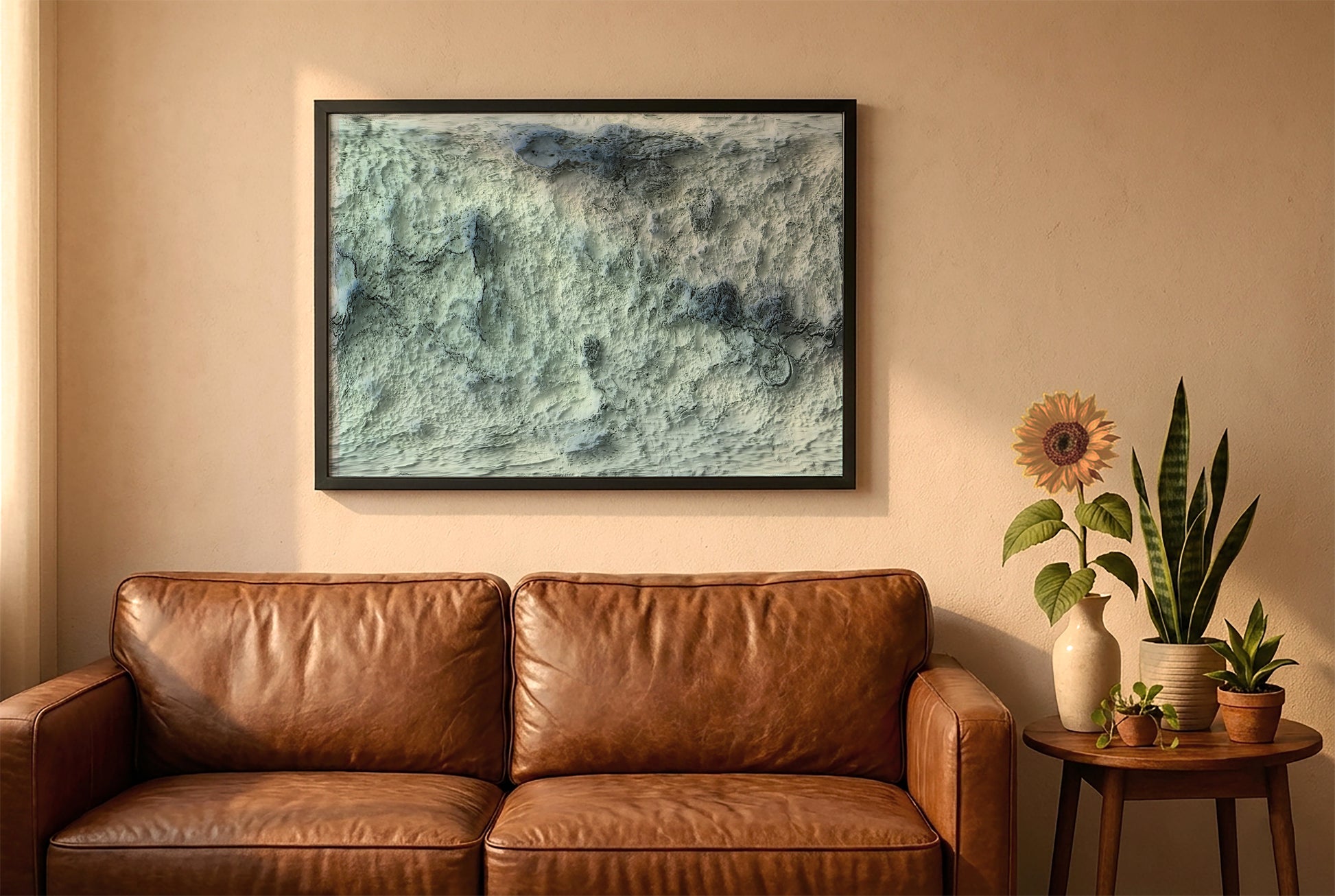 Venus relief map in a black frame above a brown leather sofa. Boho living room with warm sunlight, sunflower, and indoor plants on a wooden side table