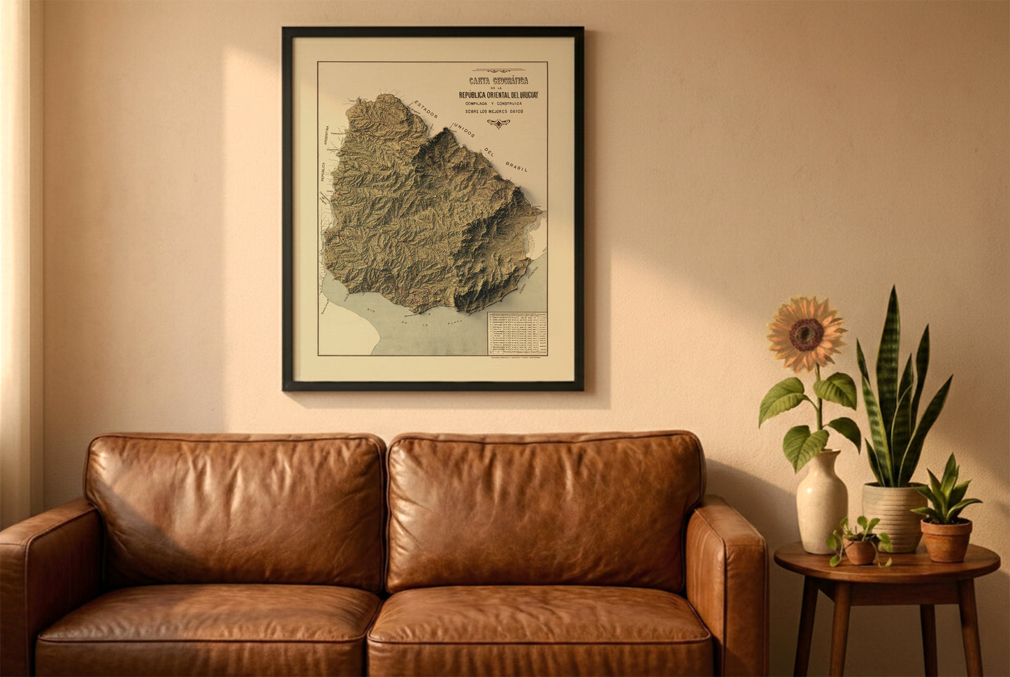 Uruguay vintage relief map in a black frame above a brown leather sofa. Boho living room with warm sunlight, sunflower, and indoor plants on a wooden side table